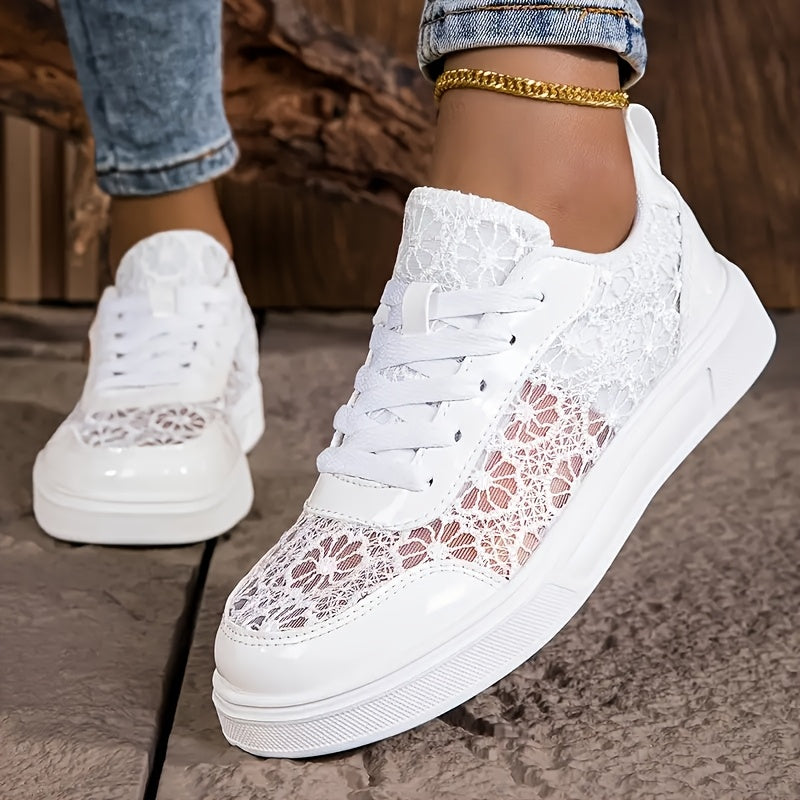 Women'S Elegant Lace Sneakers - Breathable Fabric Upper, White with Floral Pattern, Lightweight & Soft Sole, Durable EVA, Perfect for Daily Work, Sports, Summer Outings & Vacations, Casual Footwear | Elegant Sneaker | Comfort