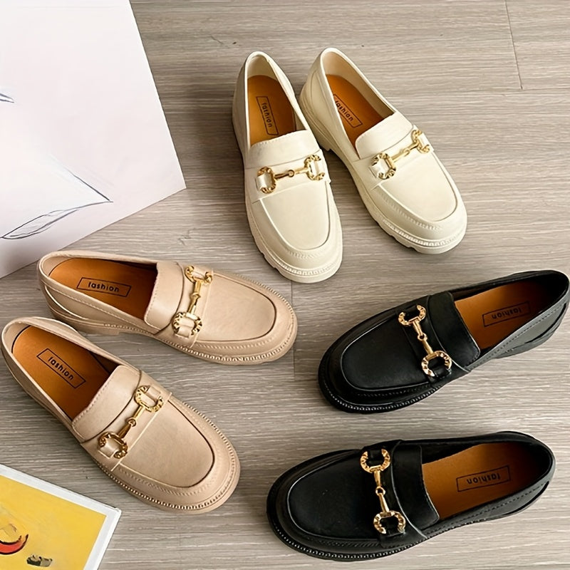 Women's Summer Fashion Loafers - Slip-On Platform Shoes with Metallic Buckle Decor, Round Toe, Cream/Black/Brown, Thick Sole TPU Material for Casual Outdoor Wear