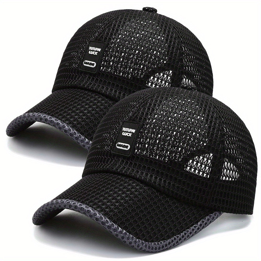 2pcs Unisex Quick-Dry Mesh Baseball Caps - Breathable, Adjustable Summer Sun Hats with Large Brims for Outdoor Activities, Black & Gray Textured Design
