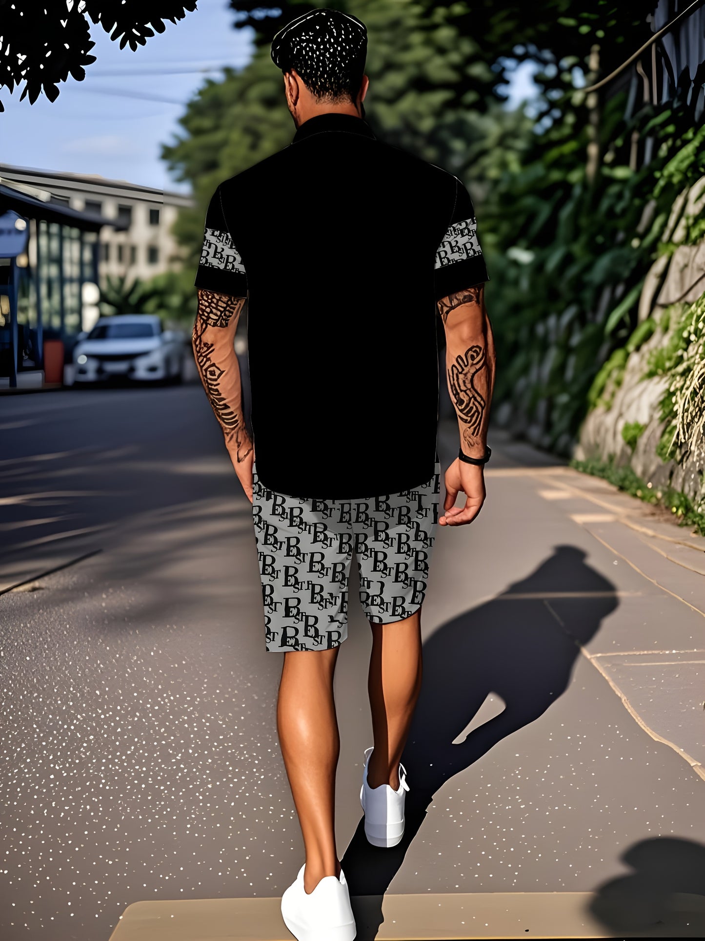 Men'S Casual Tropical Letter Print Pajama Set - Short Sleeve Shirt with Button- Collar & Shorts with Pockets, Comfortable Non-Stretch Fabric, All-Season Home Wear, Relaxed Fit, Home Comfort Clothing | Relaxed Fit Shorts | But
