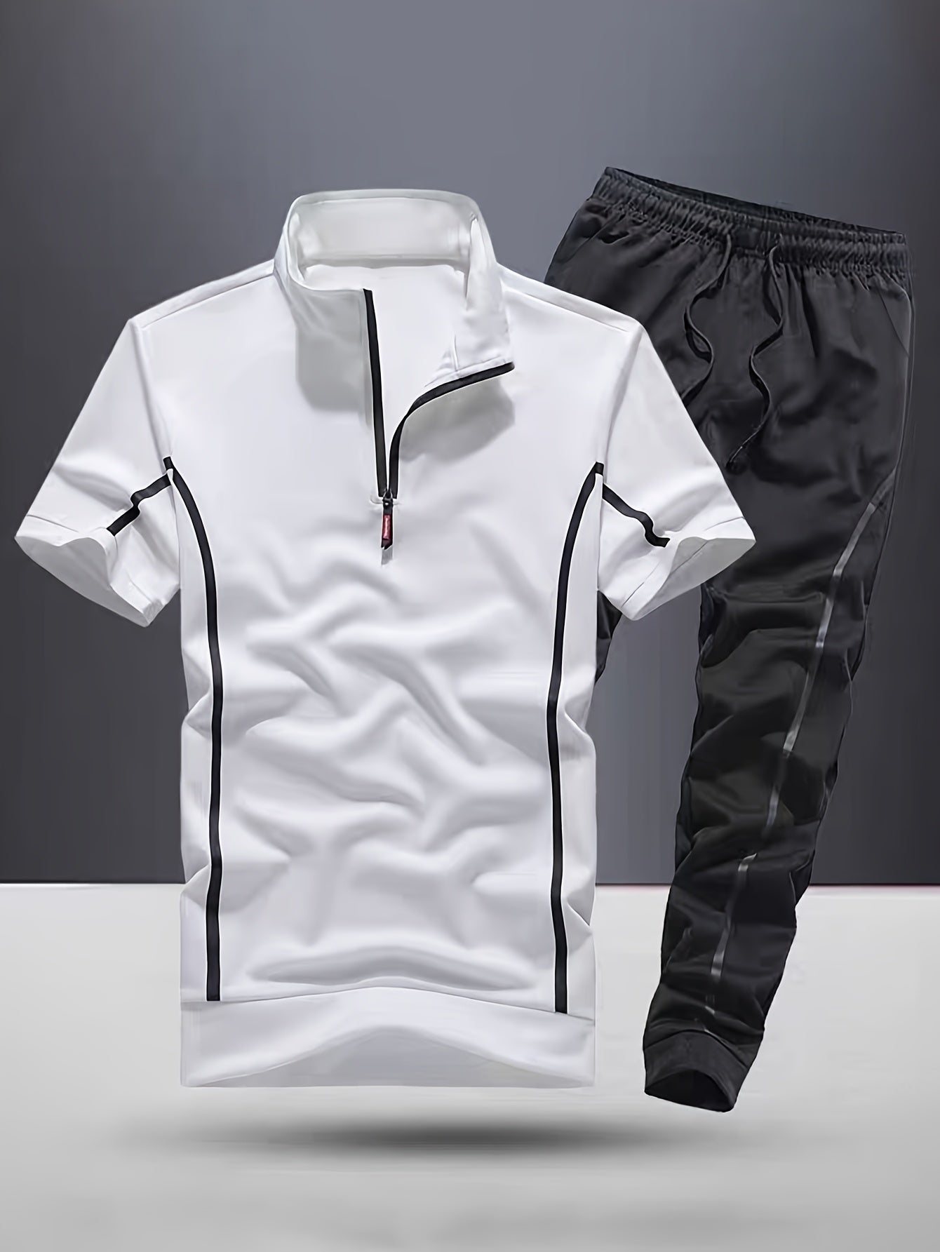 Men's Fashion Stripe Casual Suit, 2pcs Stylish Stand Collar Zippered Breathable Outfit with Short Sleeve T-Shirt and Drawstring Pants for Summer Wear