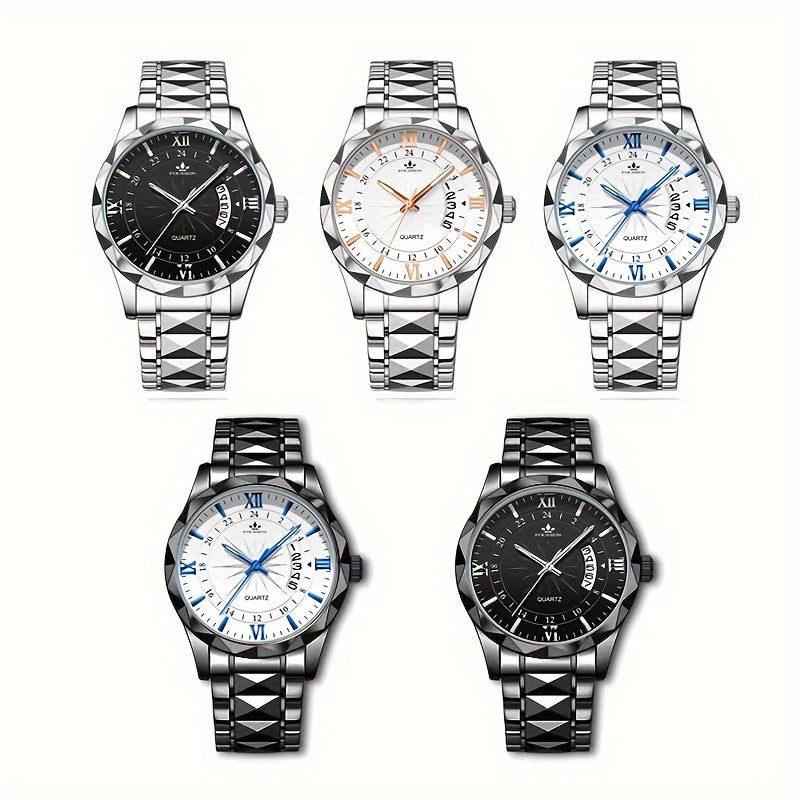 A New FOURRON Brand Men's Quartz Watch With Stainless Steel Strap And Case, Trendy And Luxurious Multi-functional Roman Numeral Dial, Luminous Watch, A Great Gift For Friends' Birthdays, Holidays, And Parties.