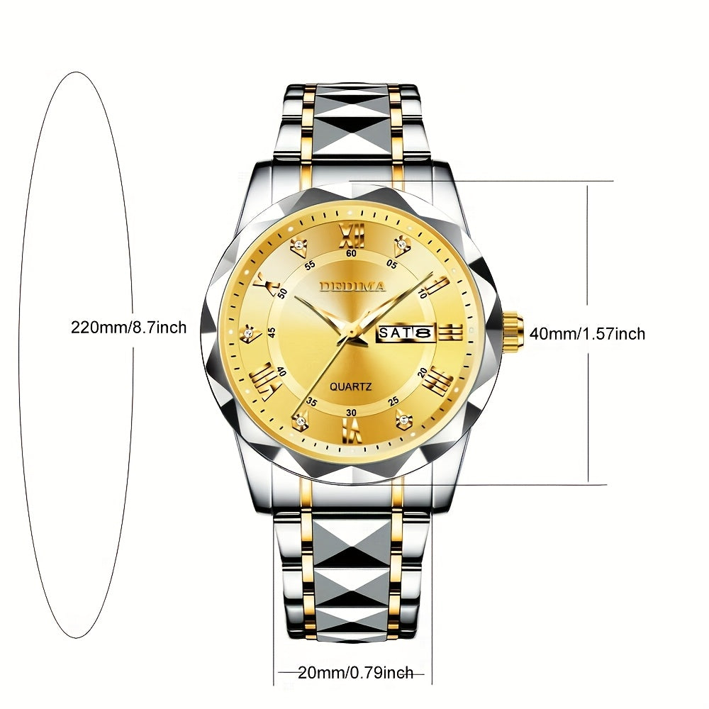 Elegant Men's Stainless Steel Watch with Dual Calendar, Luminous Display & Rhinestone Accents - Perfect for Business or Casual Wear