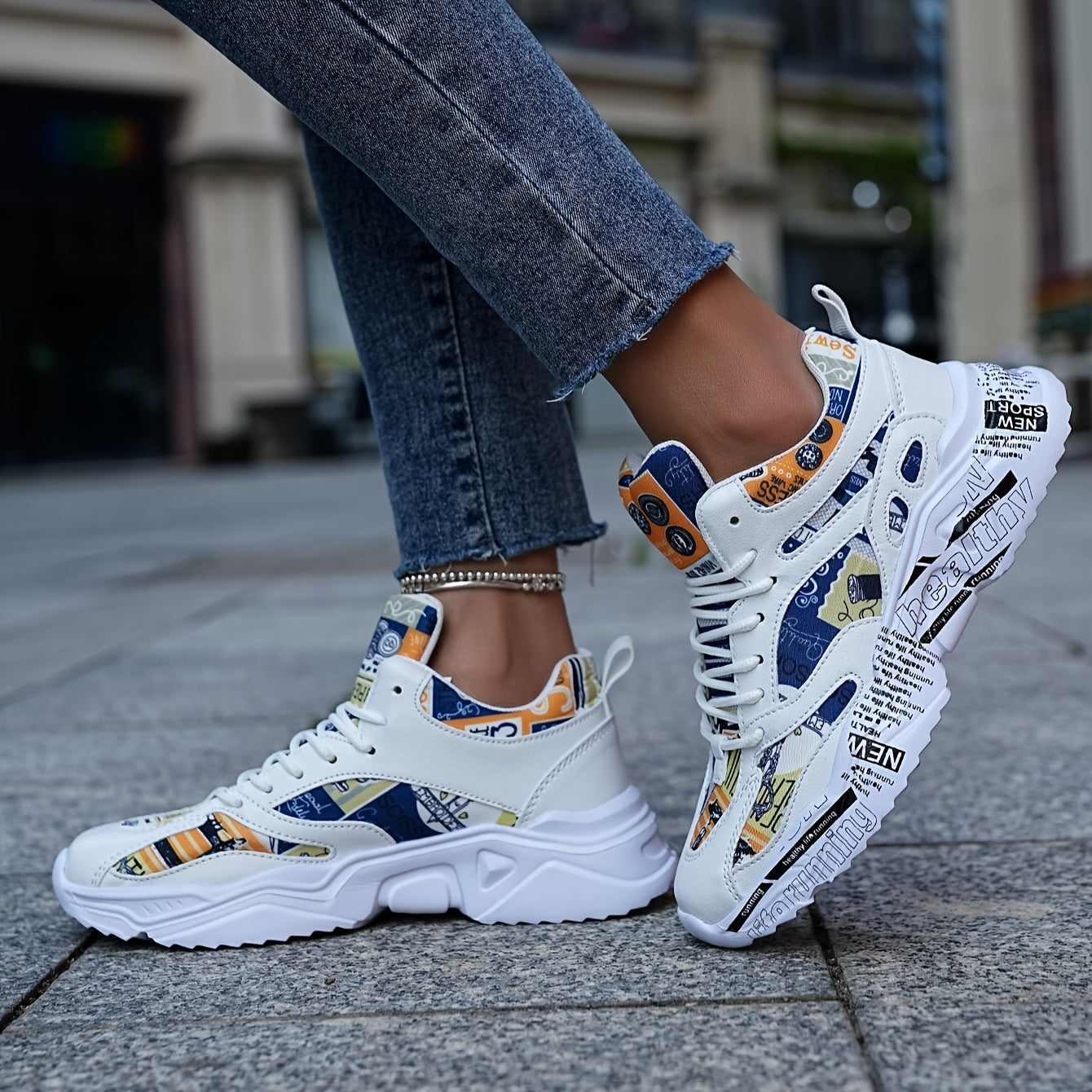 Men'S & Women'S Graffiti Couple Sneakers, All-Season Lightweight Cushioned Running Shoes, Stability Pronation, Cartoon Pattern, MD Sole, EVA Insole, Polyurethane Upper, Fabric Lining