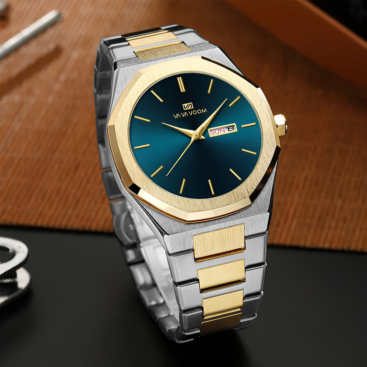 1pc Men'S Luxury Business Style Watch - Blue & Golden Stainless Steel, 42mm, Dual Calendar Quartz Movement, VA VOOM Brand, Outdoor Sports & Leisure Gift, Outdoor Sports Watch | Elegant Watch Design | Quartz Watch Movement, Lu