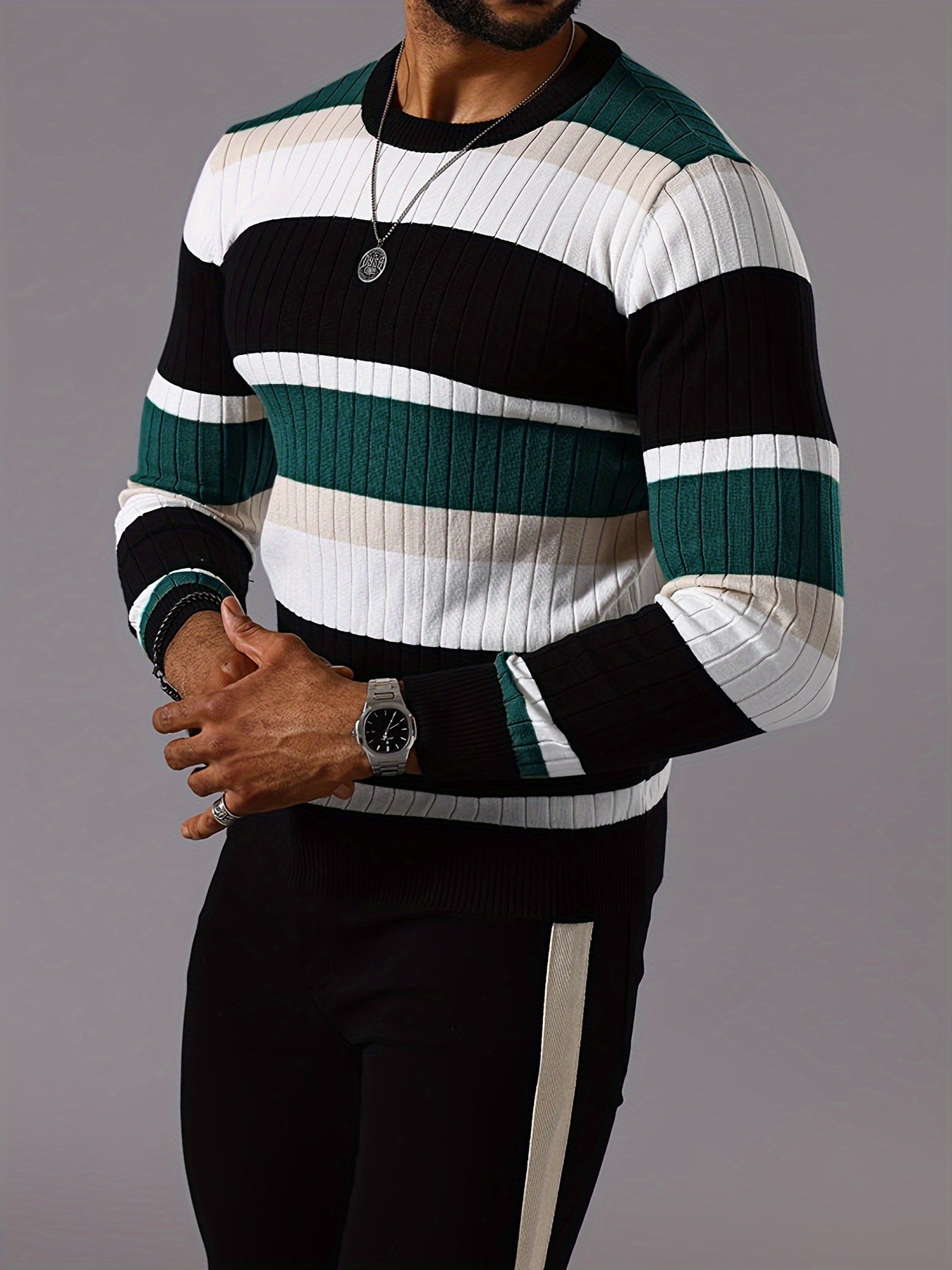 Men's Striped Color-Block Ribbed Knit Sweater - Long Sleeve Round Neck Pullover with Elastic Comfort Fit, Machine Washable Casual Fall Winter Top in Black/White/Green/Beige, Knit Sweater, Medium Elasticity