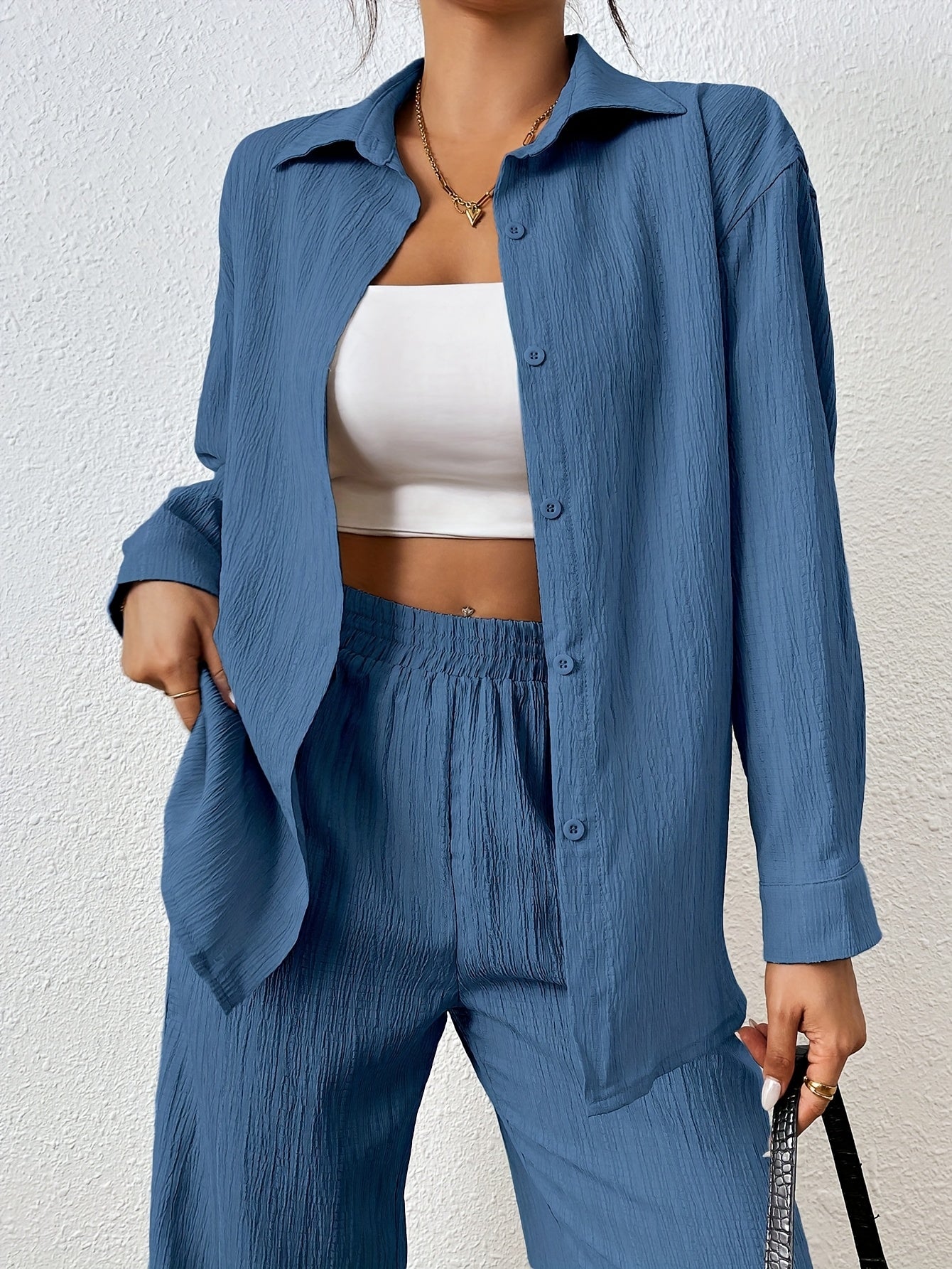 2pcs Women Spring & Autumn Casual Solid Color Long Sleeve Shirt And Pants Set
