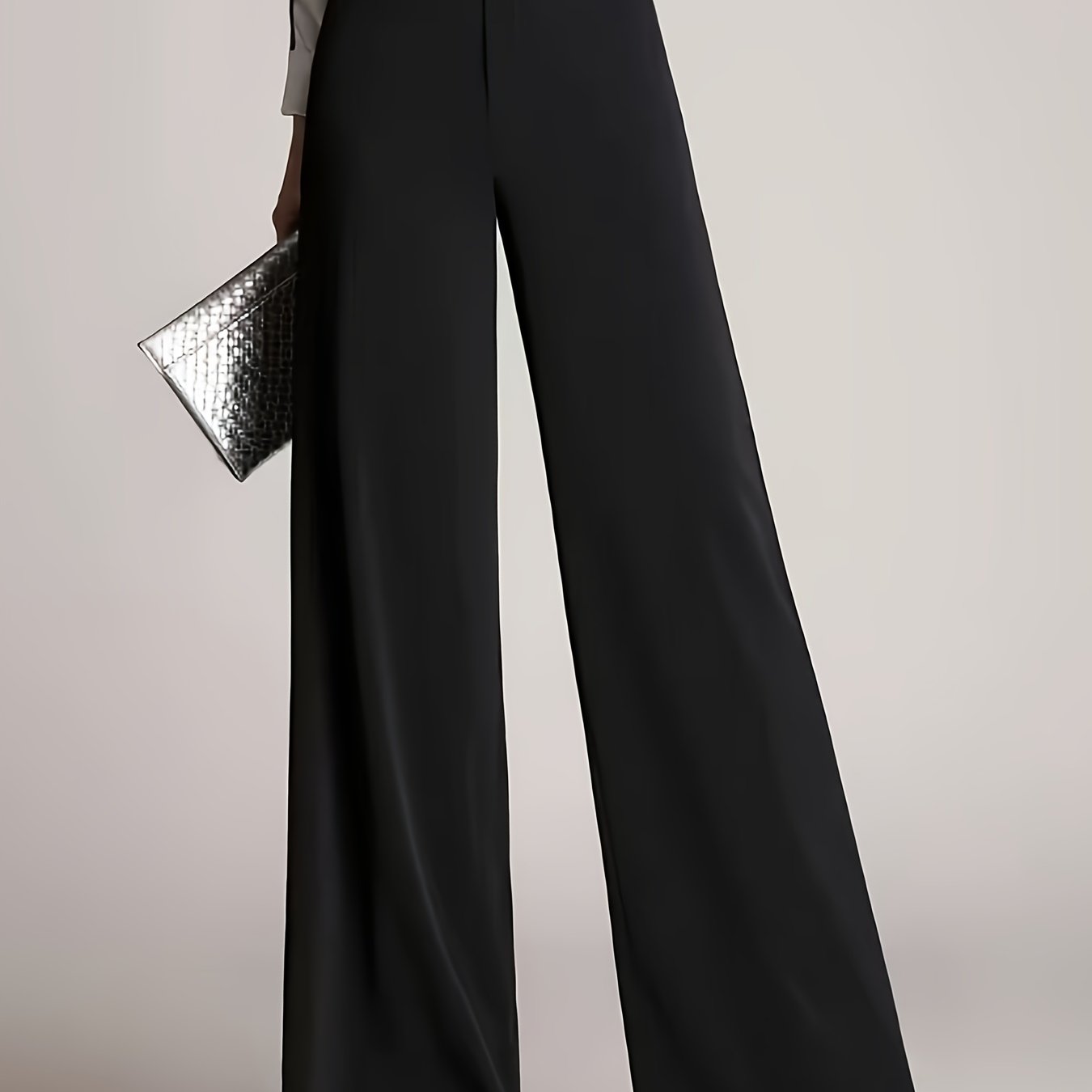 Women'S High-Waist Wide Leg Pants, Casual Solid Color Polyester Blend (94% Polyester, 6% Elastane), All-Season Straight Leg Trousers with Double Button Detail, Zipper Fly Closure, 200g/m² Woven Fabric, Perfect for Going Out
