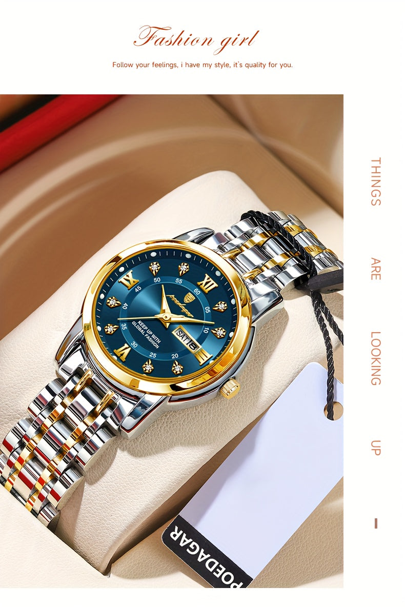 POEDAGAR Elegant Stainless Steel Quartz Watch for Women, Luminous Calendar, Round Alloy Case, Trendy Korean Style, Non-Rechargeable Battery, Watch Accessories