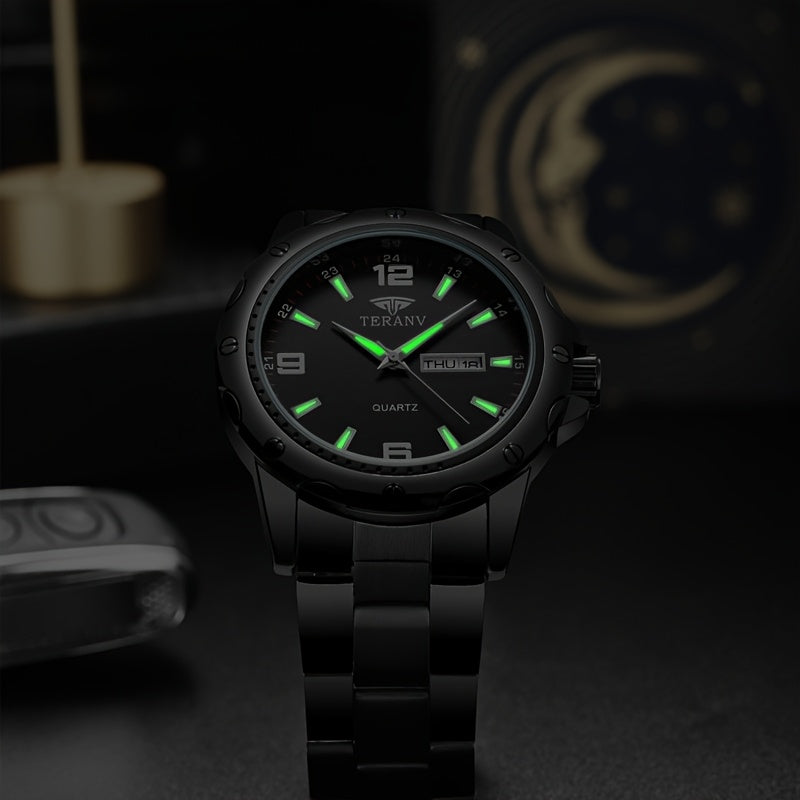 Elegant Men's Stainless Steel Quartz Watch - IPX7 High Quality, Luminous Hands, Date & Day Display, Business Casual Sporty Design for Everyday & Water Activities, Versatile Wristwatch, Sleek Strap Design, Glowing Markers