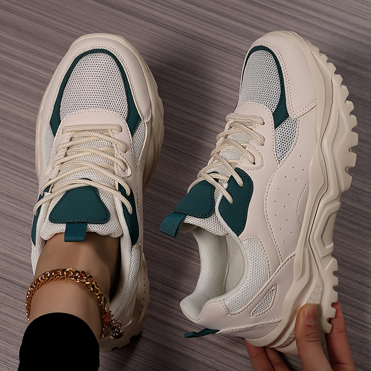 Women's Lightweight Chunky Sneakers - Versatile Korean Style Dad Shoes with Thick Sole, Breathable Mesh Upper, Casual Lace-Up Athletic Footwear in White, Green/White, and Black/Pink