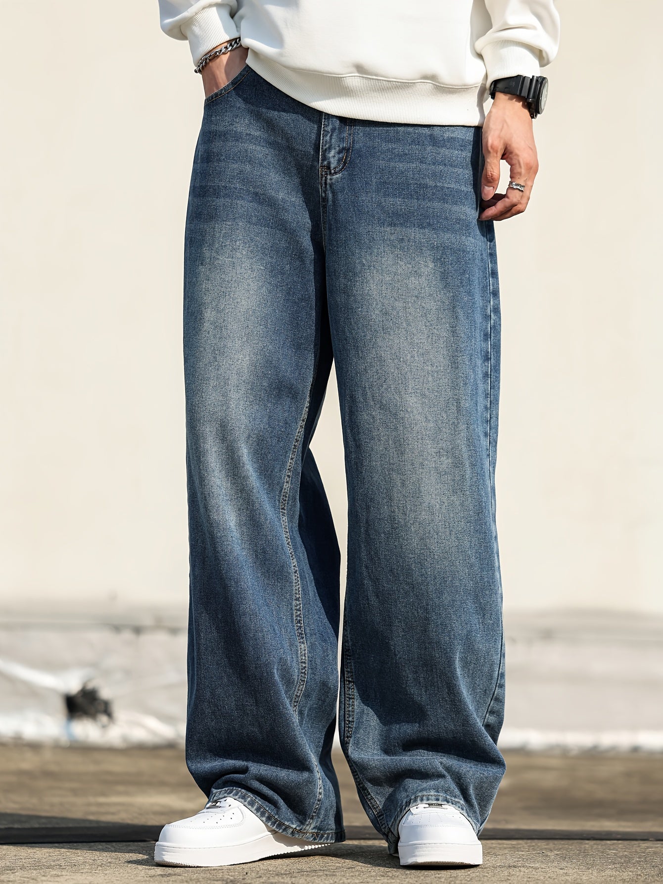 Men'S Casual Loose Fit Wide Leg Denim Jeans, Cotton Blend, Non-Stretch, Solid Color, with Pockets, for All-Season Wear, Fashionable Street Style Trousers