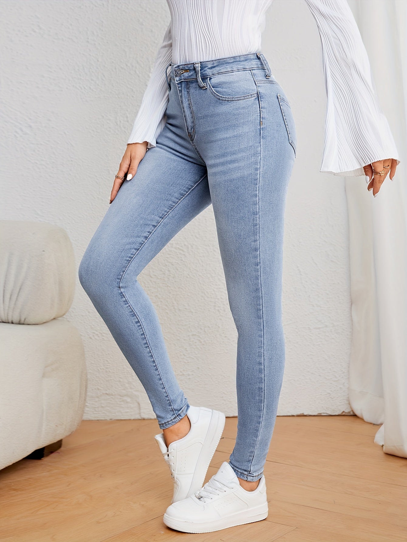 Women's Casual Plain Light Blue Skinny Jeans, Stretchy Denim Pants, Classic Design, High Waist Slim Fit For Everyday Fashion - Perfect For Fall & Winter