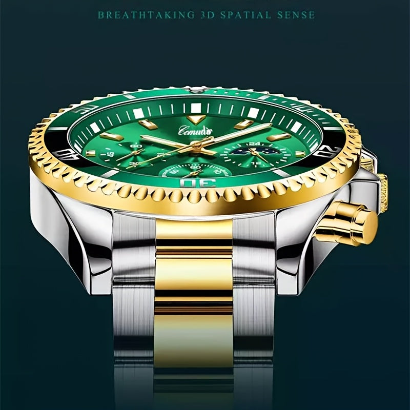 1pc New Fashion Stainless Steel Luxury Quartz Watch, High-end, Casual, Round Dial, Multi-scale, Night Light, Date Display, with Birthday, Holiday, Anniversary, for Men, Travel, Party