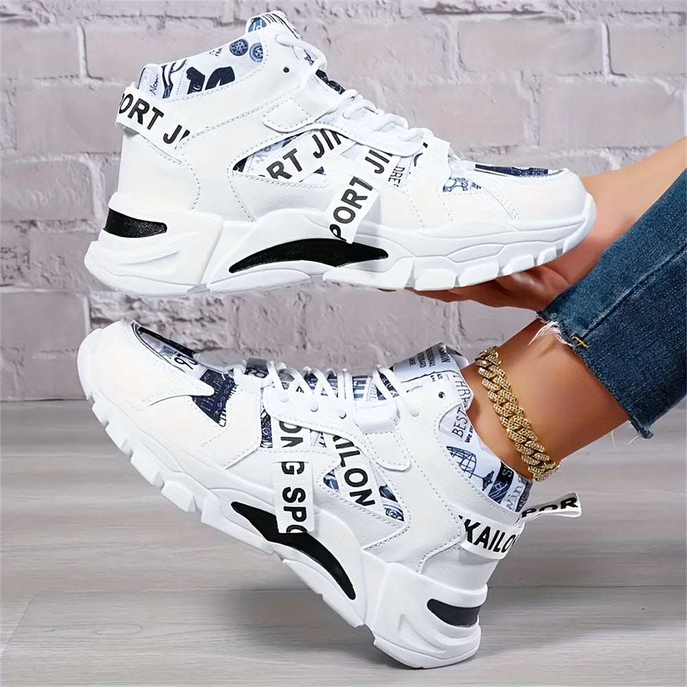 Women'S Comfortable Geometric Patterned Sports Shoes - Lightweight, All-Season, Mid Top, Lace Up, Plain Toe, Polyurethane Upper, Fabric Inner and Insole, MD Sole, Random Printing