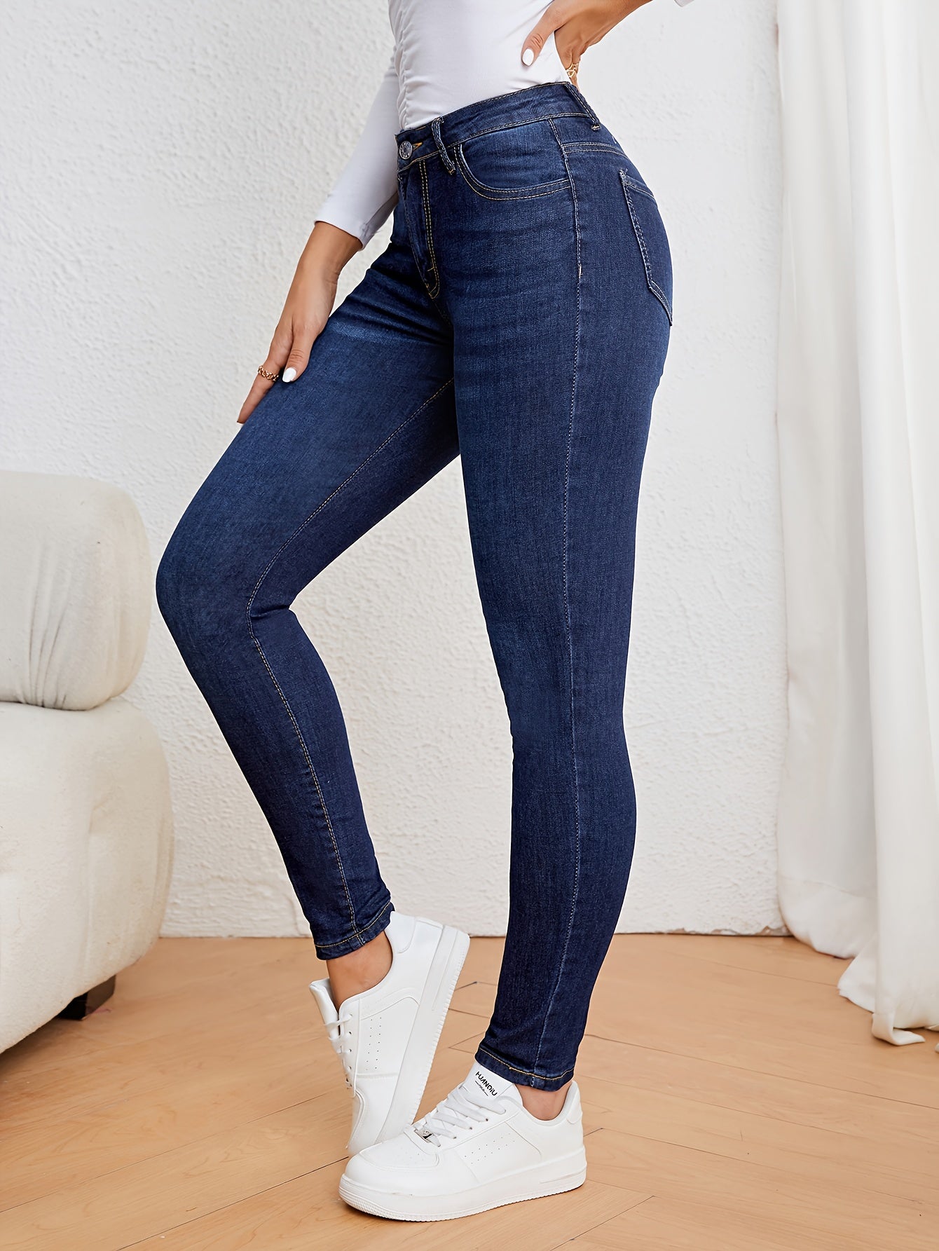 Women's Casual Plain Light Blue Skinny Jeans, Stretchy Denim Pants, Classic Design, High Waist Slim Fit For Everyday Fashion - Perfect For Fall & Winter