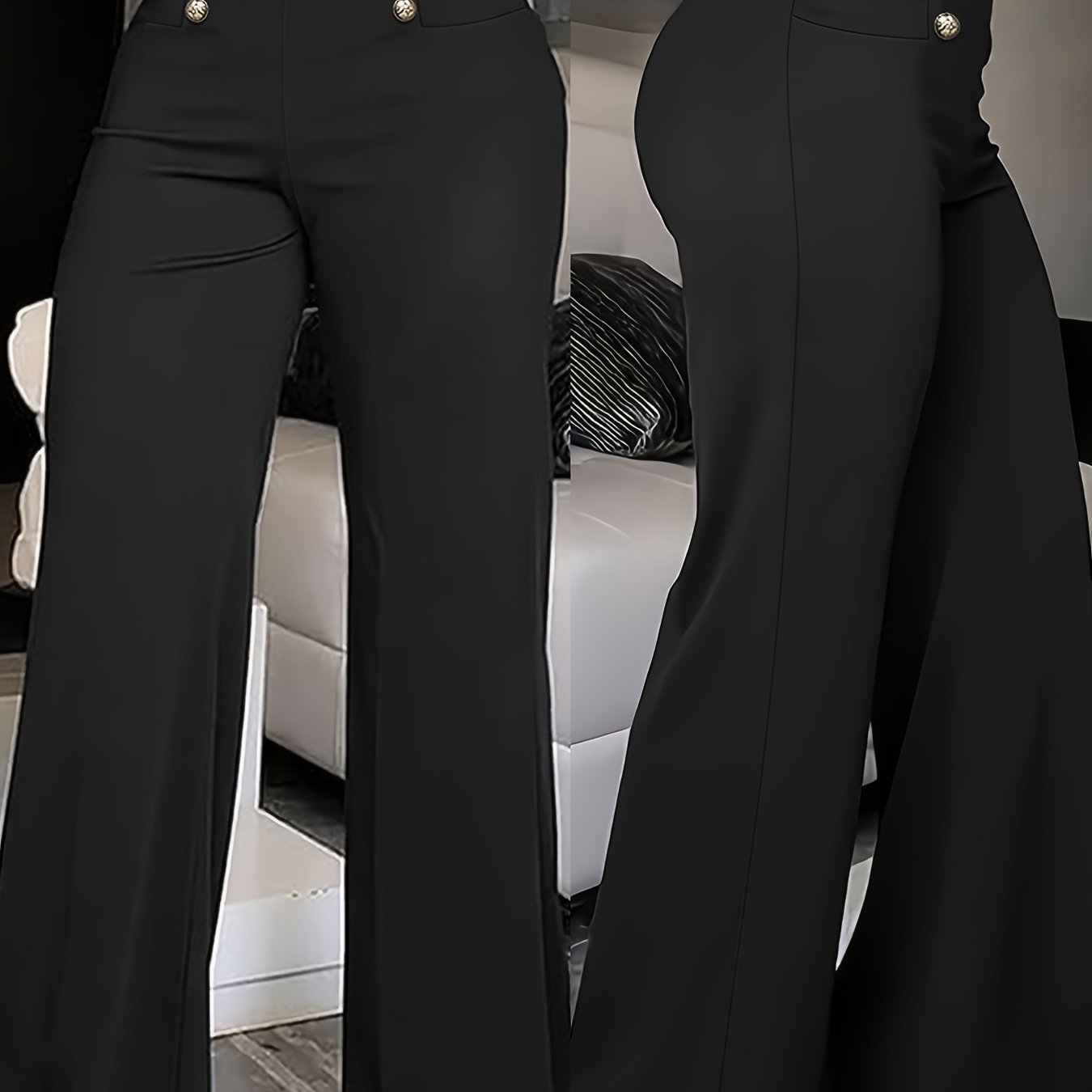 Women'S Elegant High-Waist Wide Leg Pants - Black Polyester Straight Leg with Button Detail, All-Season Fashionable Trousers for Casual or Dressy Wear