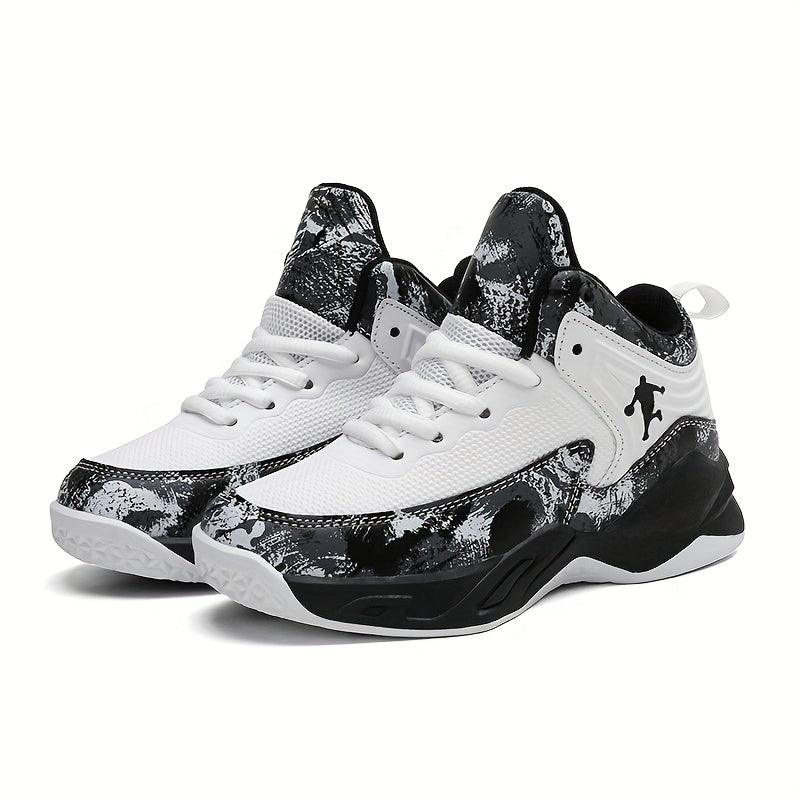 Youth Mid-Top PU Sports Sneakers - Comfortable, Lace-Up Basketball Shoes with Red & Black Design, TPR Sole for Outdoor Training, Running & Casual Wear, Basketball Shoes