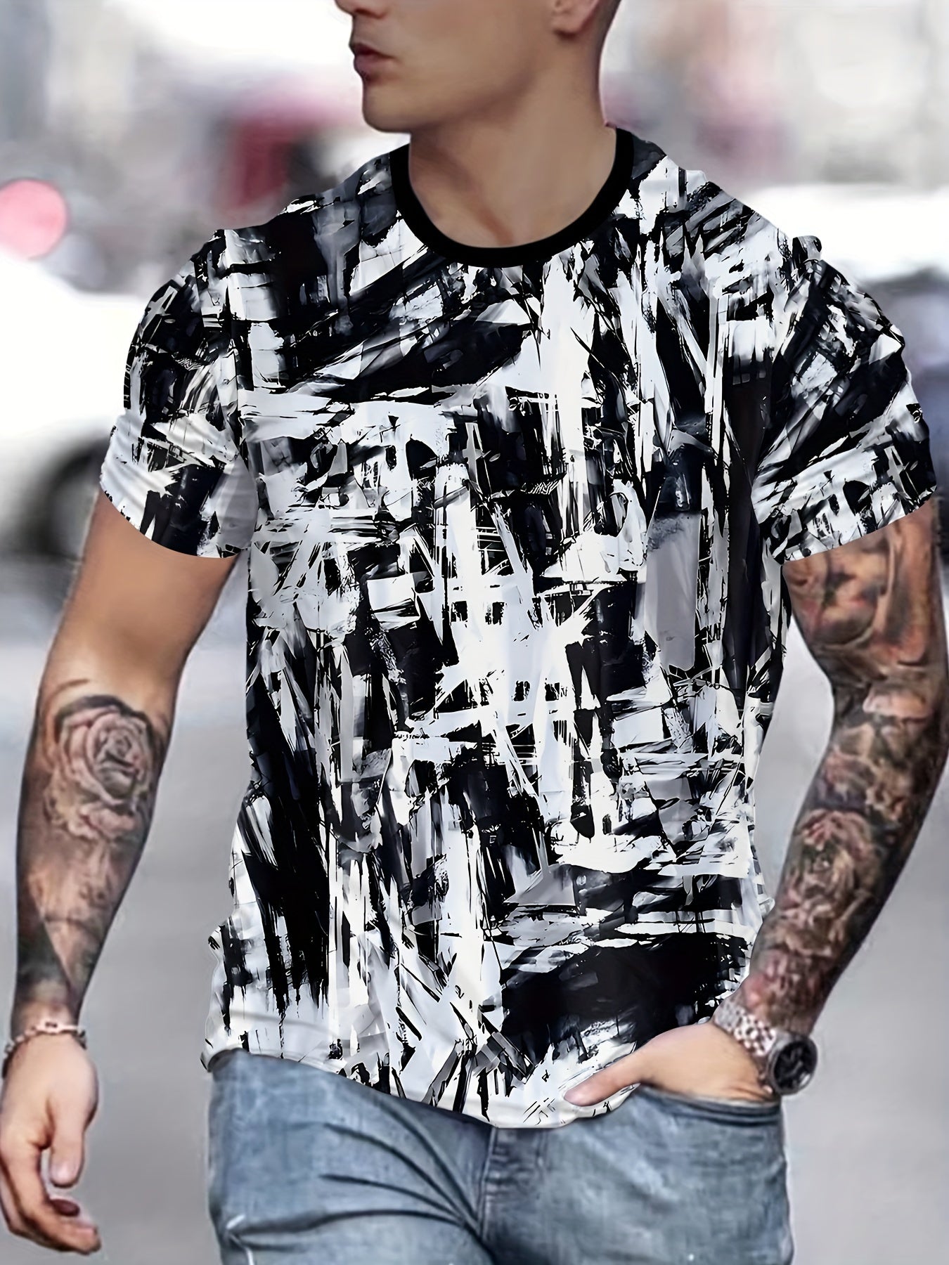 Men'S Casual Short Sleeve T-shirt, Polyester 100% 3D Print Crew Neck Tee with Slight Stretch, Regular Fit, 110g/m² Knit Fabric