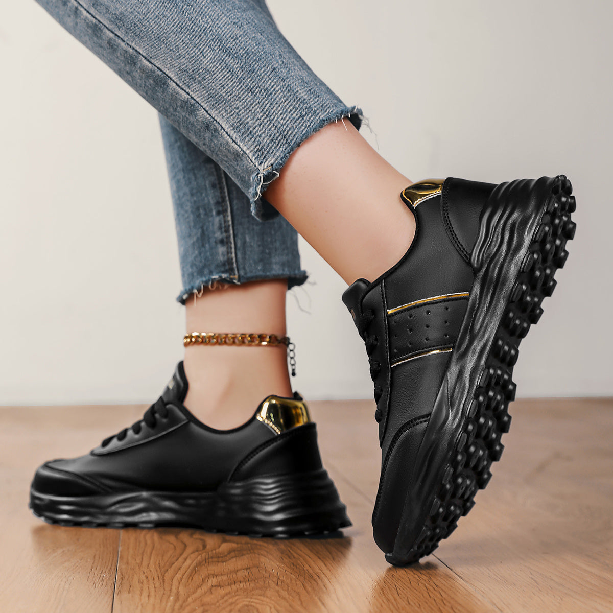 DJSUNNYMIX Women's Casual Running Shoes with Golden Glitter Accents - Lightweight EVA Sole, Breathable Fabric Lining, Low-Top Lace-Up Design for All-Season Comfort & Style, Sporty Footwear | Flexible Footwear