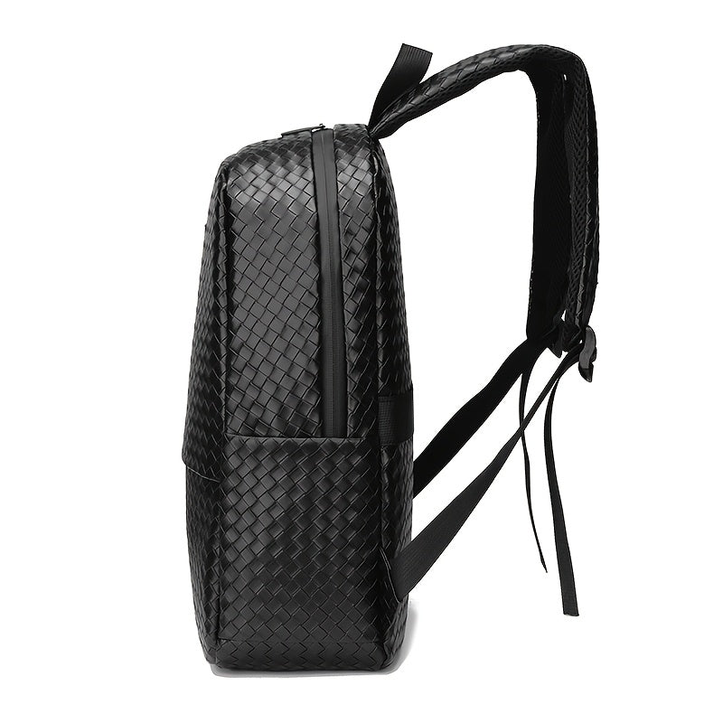 Fashionable Black Woven Backpack with Adjustable Shoulder Straps - Stylish Short Trip Storage Bag, Durable Polyester Lining, Secure Zip Closure, Casual Daypack for Outings, Travel Backpac