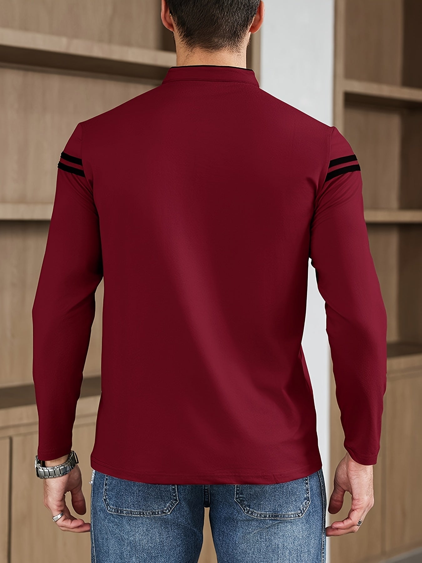 Men'S Casual Long Sleeve T-Shirt - Solid Color with Stand Collar & Stripe Polo, Button-Up Front, Ideal for Outdoor Activities