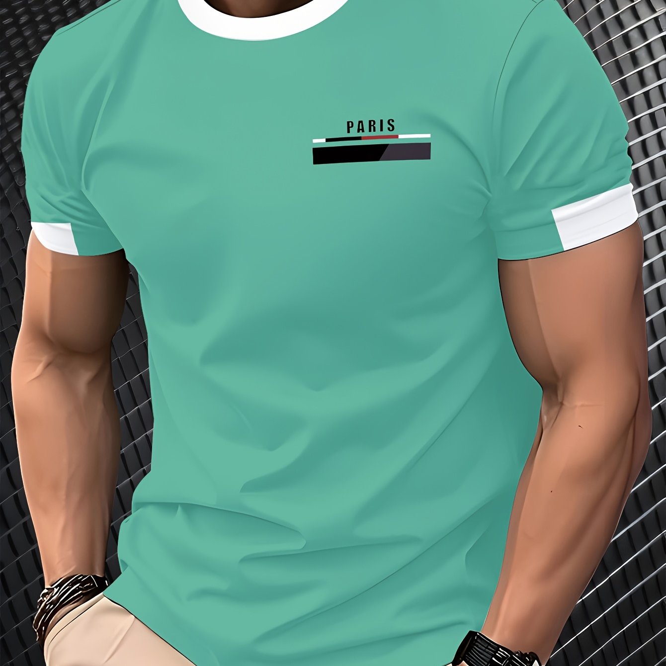 Men'S Paris Graphic T-Shirt - Green Polyester Crew Neck Tee with White Stripes & Print - Casual Sporty Knit Top for Casual Attire, Breathable Fabric