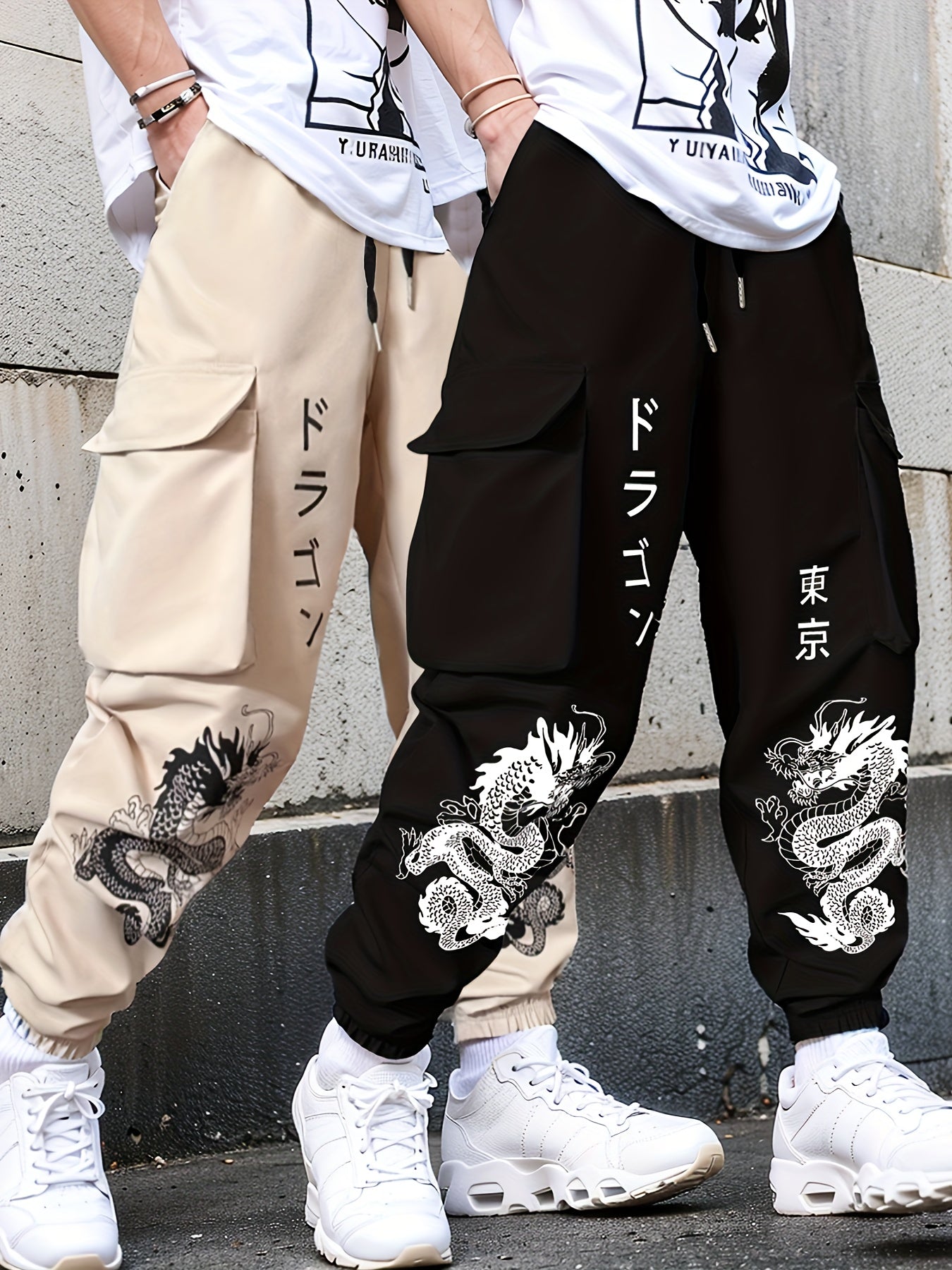 2pcs set Men's casual large pocket overalls elastic waist drawstring printed flower pants for spring and autumn season, for Autumn, Spring