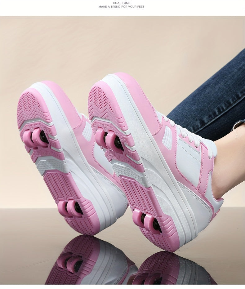 Boys' Fashion Roller Skate Footwear - Non-Slip Dual Wheel, Lace-Up with Durable Buckle Straps, Black & White, Suitable for All Seasons