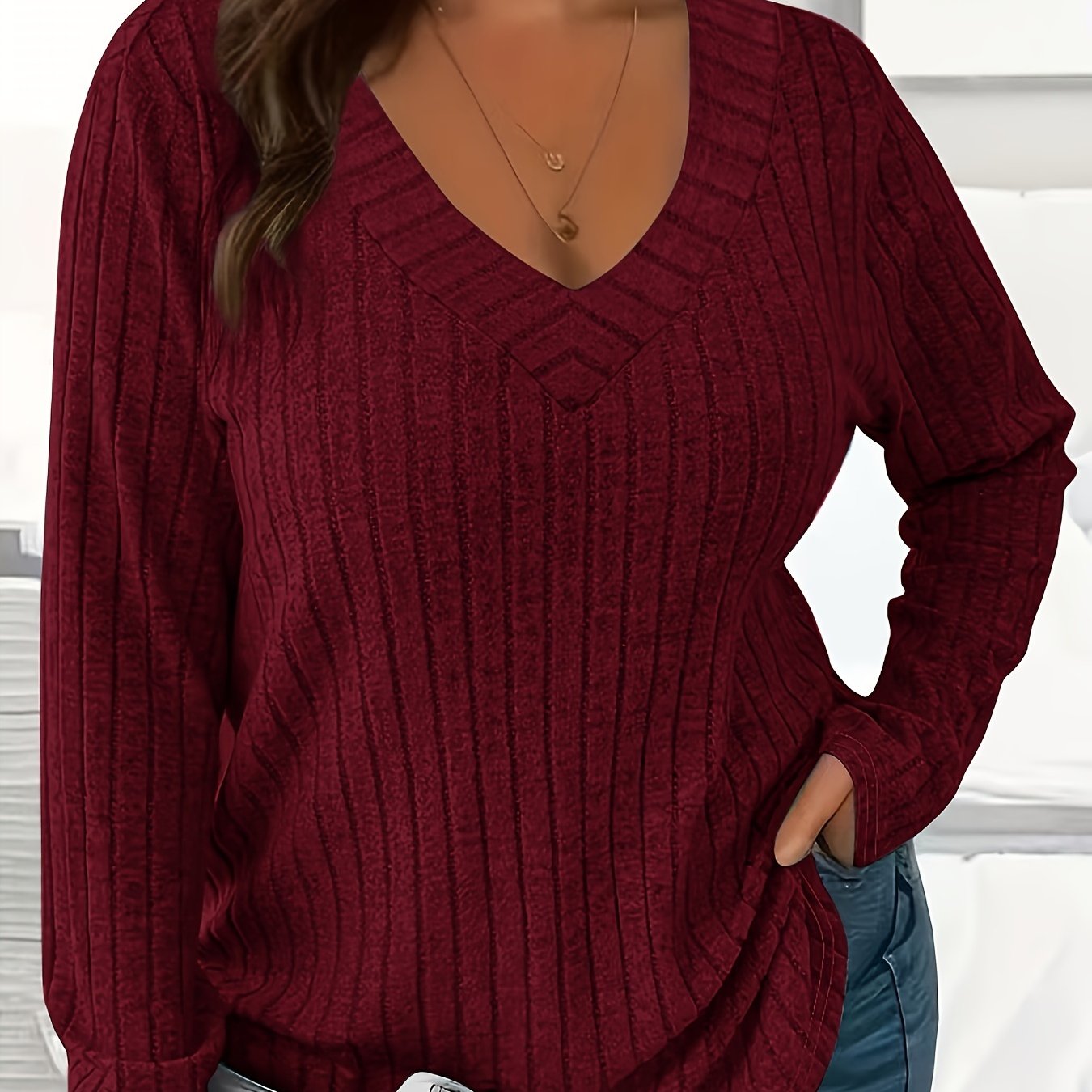 Women's Loose Fit V-Neck Polyester T-Shirt With Soft And Breathable Fabric, All-Season Casual Long Sleeve Tee, Machine Washable