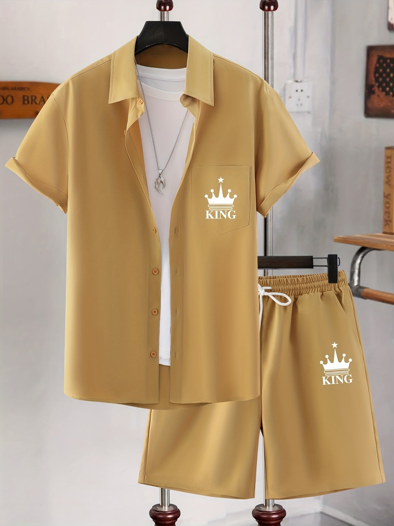 Men's Casual Short Sleeve Collar Shorts Printed Fashion Suit