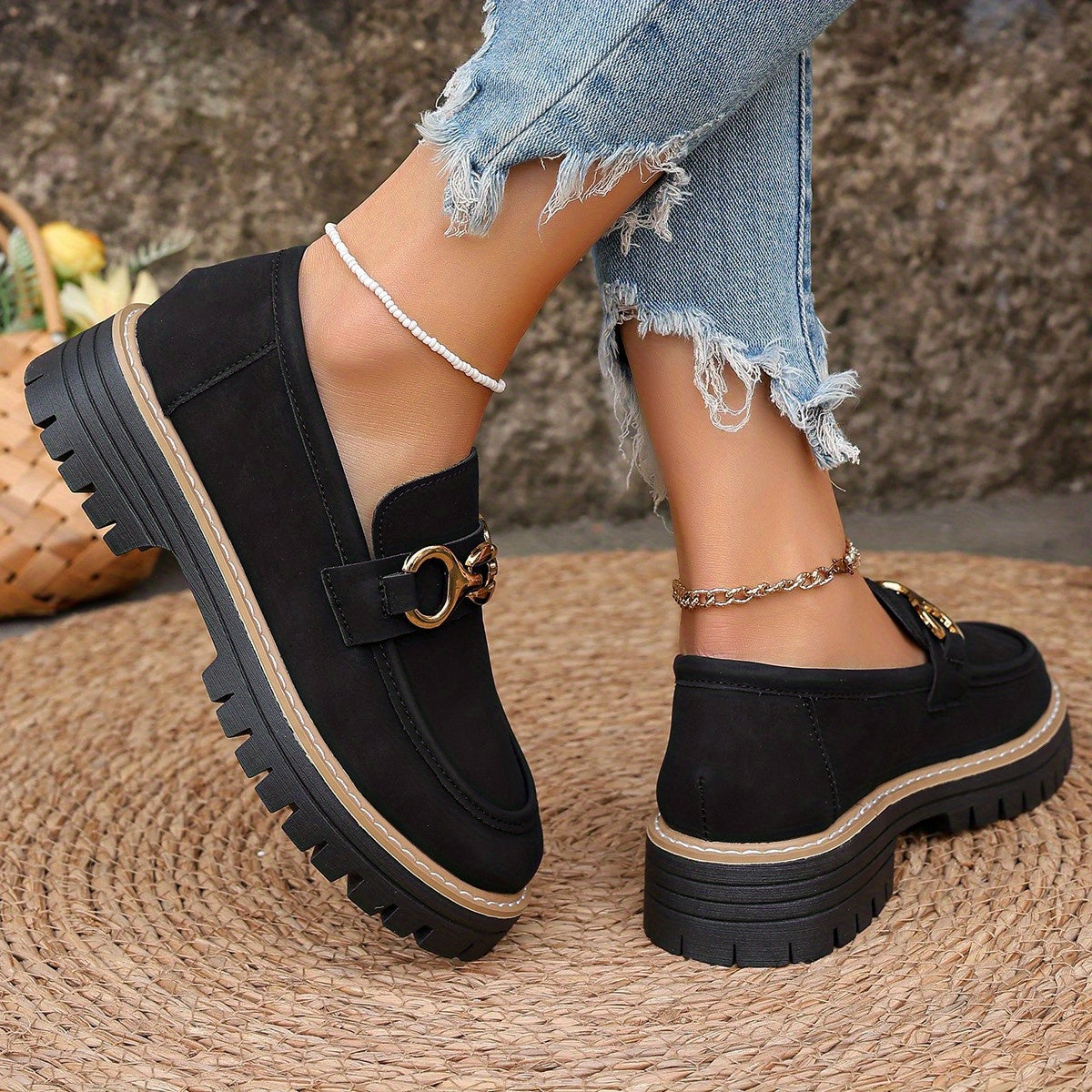 Women's Slip-On Loafers with Golden-Tone Metallic Accents - Synthetic Cover Upper, Non-Slip Rubber Sole, Round Toe Comfort - All-Season Casual & Formal Shoes (Black), Ladies Shoes
