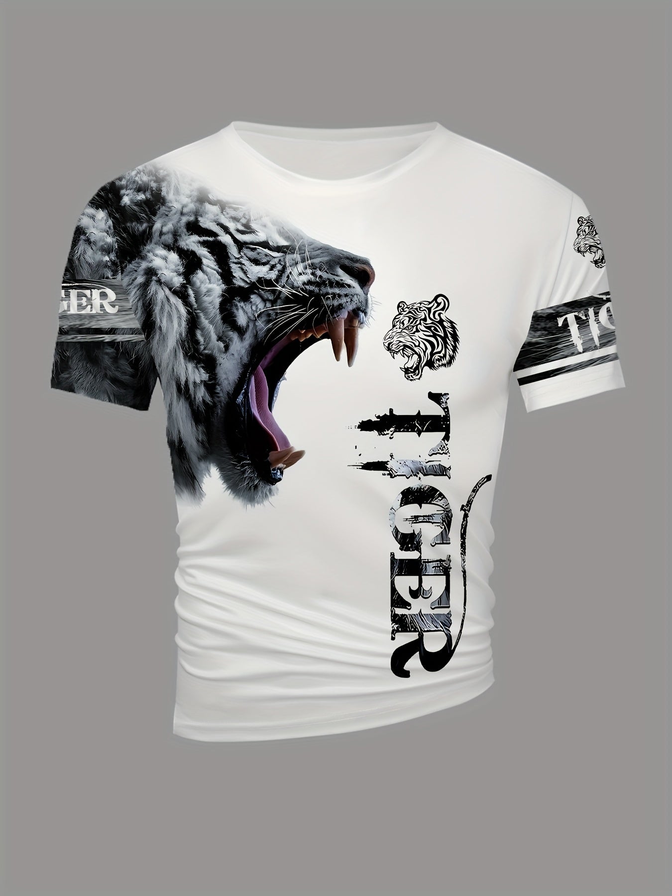 Men'S & Women'S "Tiger" Graphic T-Shirt - Casual, Stylish 3D Print Animal Design, White, Short Sleeve, Polyester Knit, Regular Fit, Streetwear Tee|Bold Animal Print|Stretchy Fabric