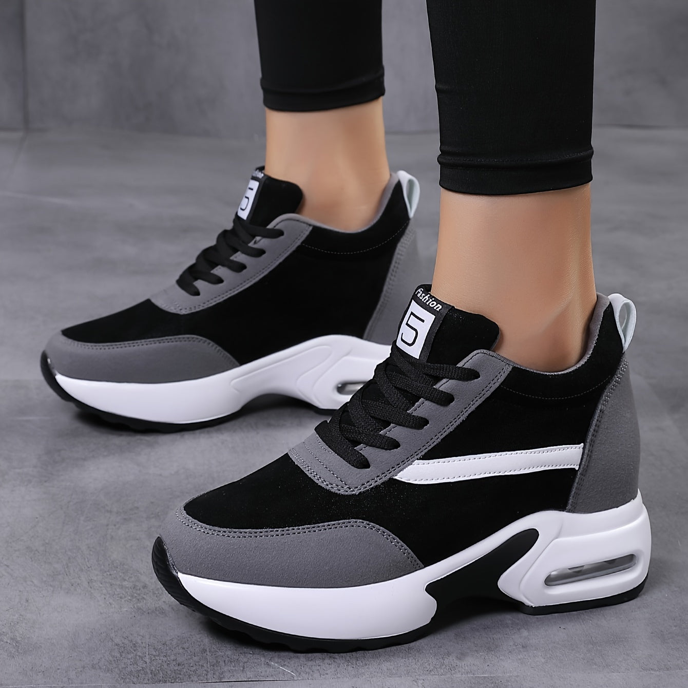 Women's Lace-up Front Chunky Sneakers With Air Cushion, Fashion Platform Sneakers With Hidden Heel For Outdoor Walking