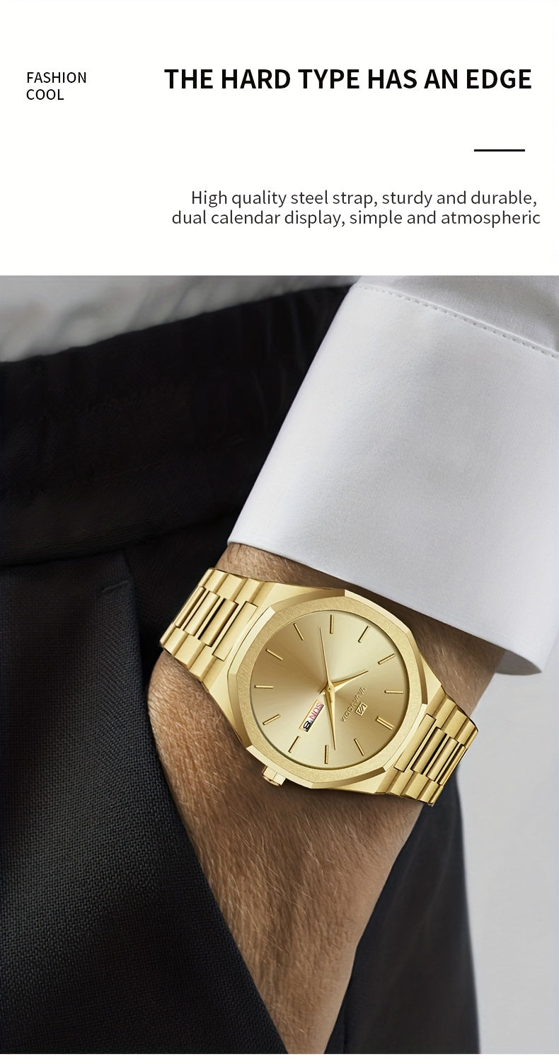 1pc Men'S Luxury Business Style Watch - Blue & Golden Stainless Steel, 42mm, Dual Calendar Quartz Movement, VA VOOM Brand, Outdoor Sports & Leisure Gift, Outdoor Sports Watch | Elegant Watch Design | Quartz Watch Movement, Lu