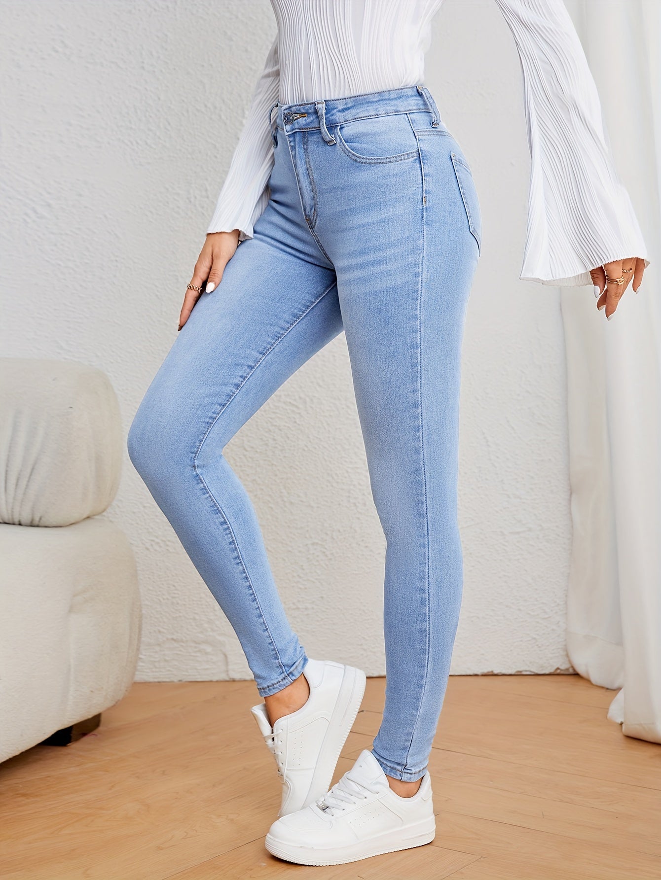 Women's Casual Plain Light Blue Skinny Jeans, Stretchy Denim Pants, Classic Design, High Waist Slim Fit For Everyday Fashion - Perfect For Fall & Winter