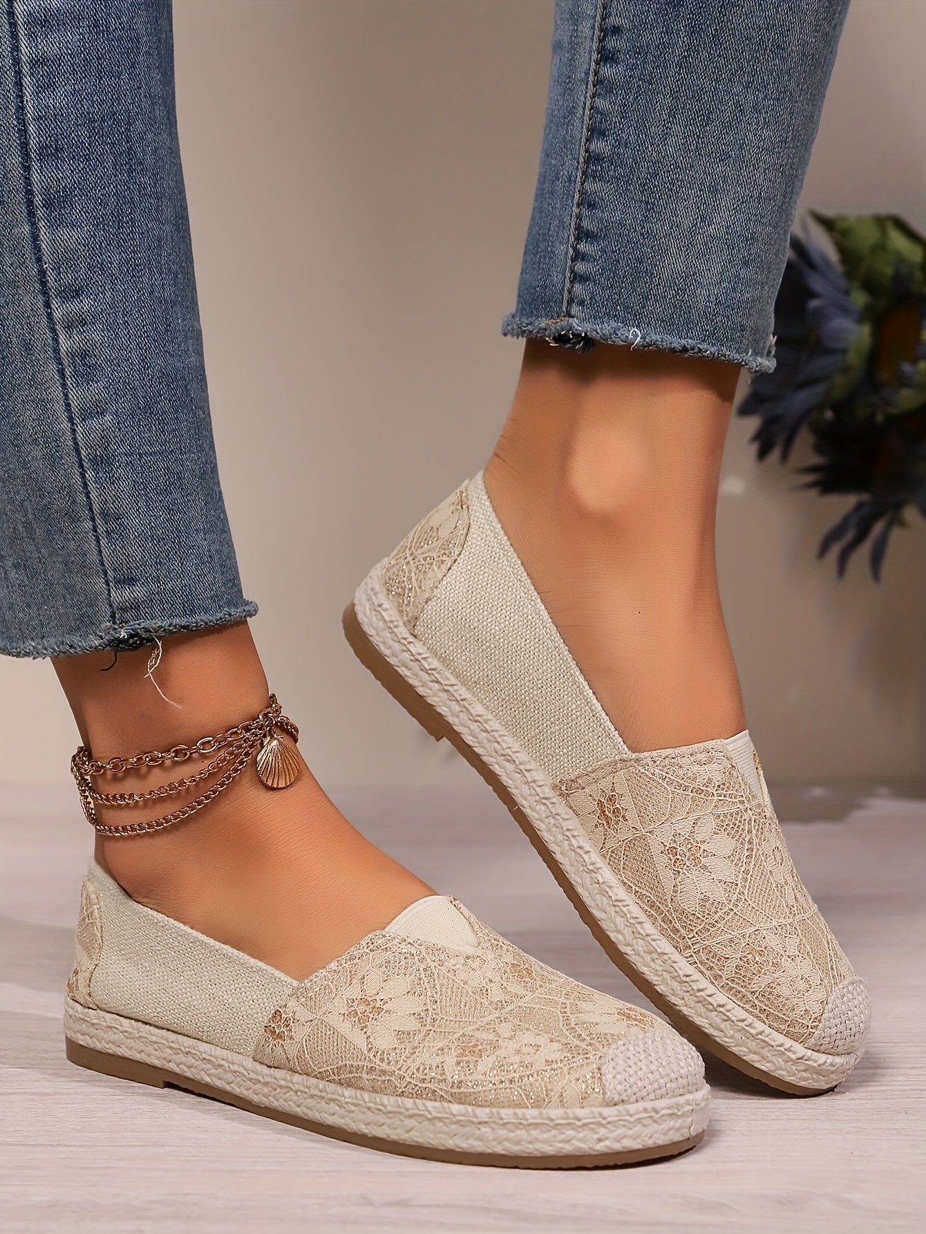 Women's Breathable Slip-On Loafers - Soft Sole Casual Walking Shoes, Lightweight & Comfortable, Beige Floral Pattern Fabric Upper, PU Cover Sole, Perfect for Casual Attire, Allseason Loafers | Slipon Comfort | Soft Sole Shoes