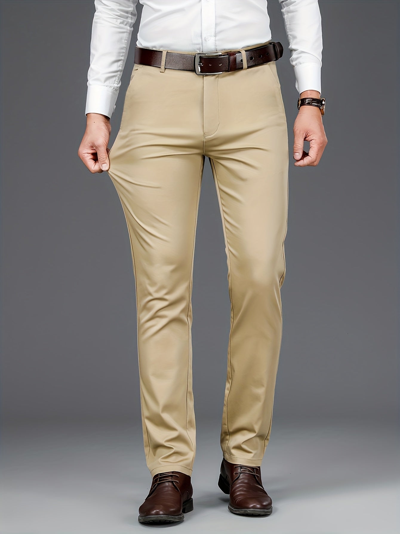 Men'S Stretch Fit Straight-Leg Trousers - Beige Business Casual Pants with Elastic Waistband, Perfect for Spring & Fall, Office Attire|Sleek Formal Attire|Comfortable Fit