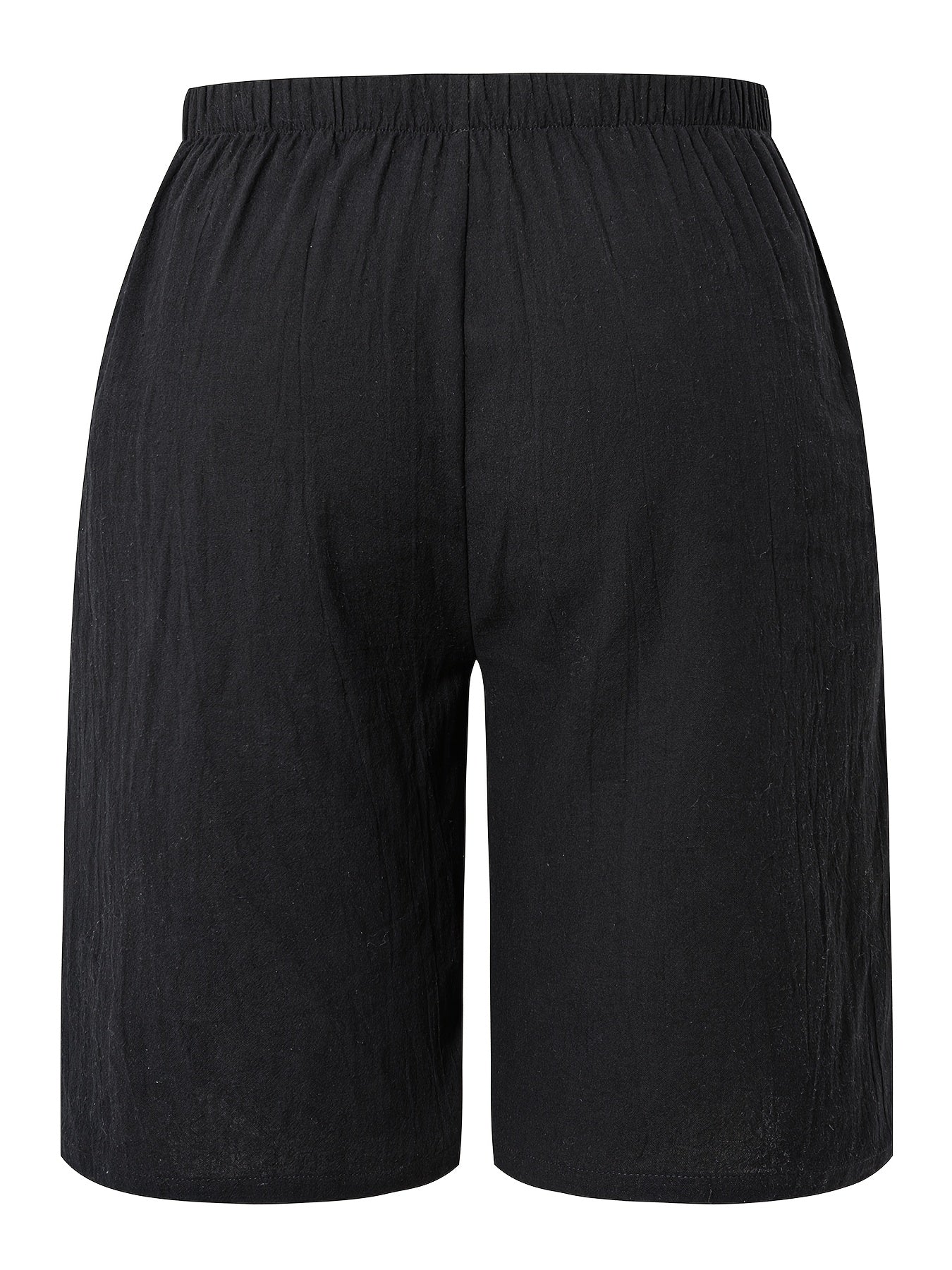 Women'S Casual Solid Color Shorts, 100% Polyester Woven Fabric, All-Season Beach Pants with Fake Drawstring, 126g/m² Weight - Black