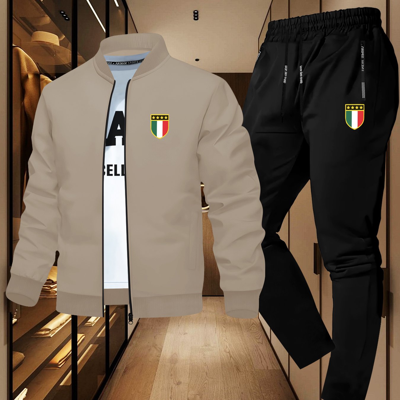 Men'S Trendy Design Jacket Two-Piece Suit with Five-Pointed Star Print, Casual Youth Casual Sports Jacket Suit