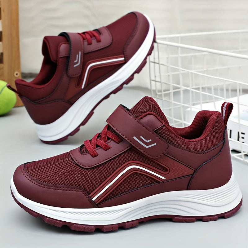 Women's Breathable Mesh Sneakers - Maroon Low-Top Casual Sneakers with Adjustable Hook-and-loop Fastener Strap & Laces, Comfortable Fabric Insole, All-Season Round Toe Design, Breathable Footwear | Stylish Mesh Sneakers | Adj