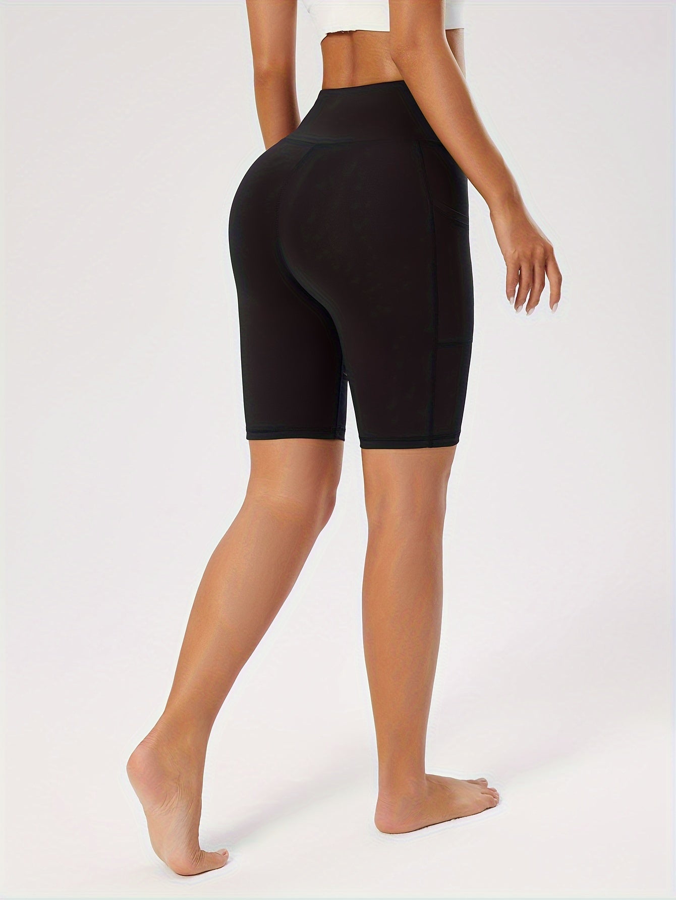 Women's High-Waist Black Yoga Shorts with Pockets - Tummy Control, Stretchy Running & Workout Leggings, Durable Polyester/Spandex Blend, Sleek Design