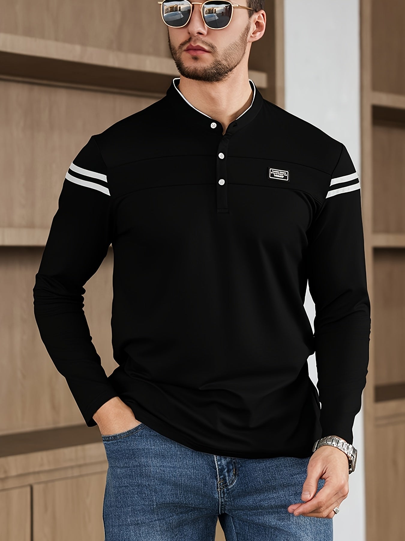 Men'S Casual Long Sleeve T-Shirt - Solid Color with Stand Collar & Stripe Polo, Button-Up Front, Ideal for Outdoor Activities