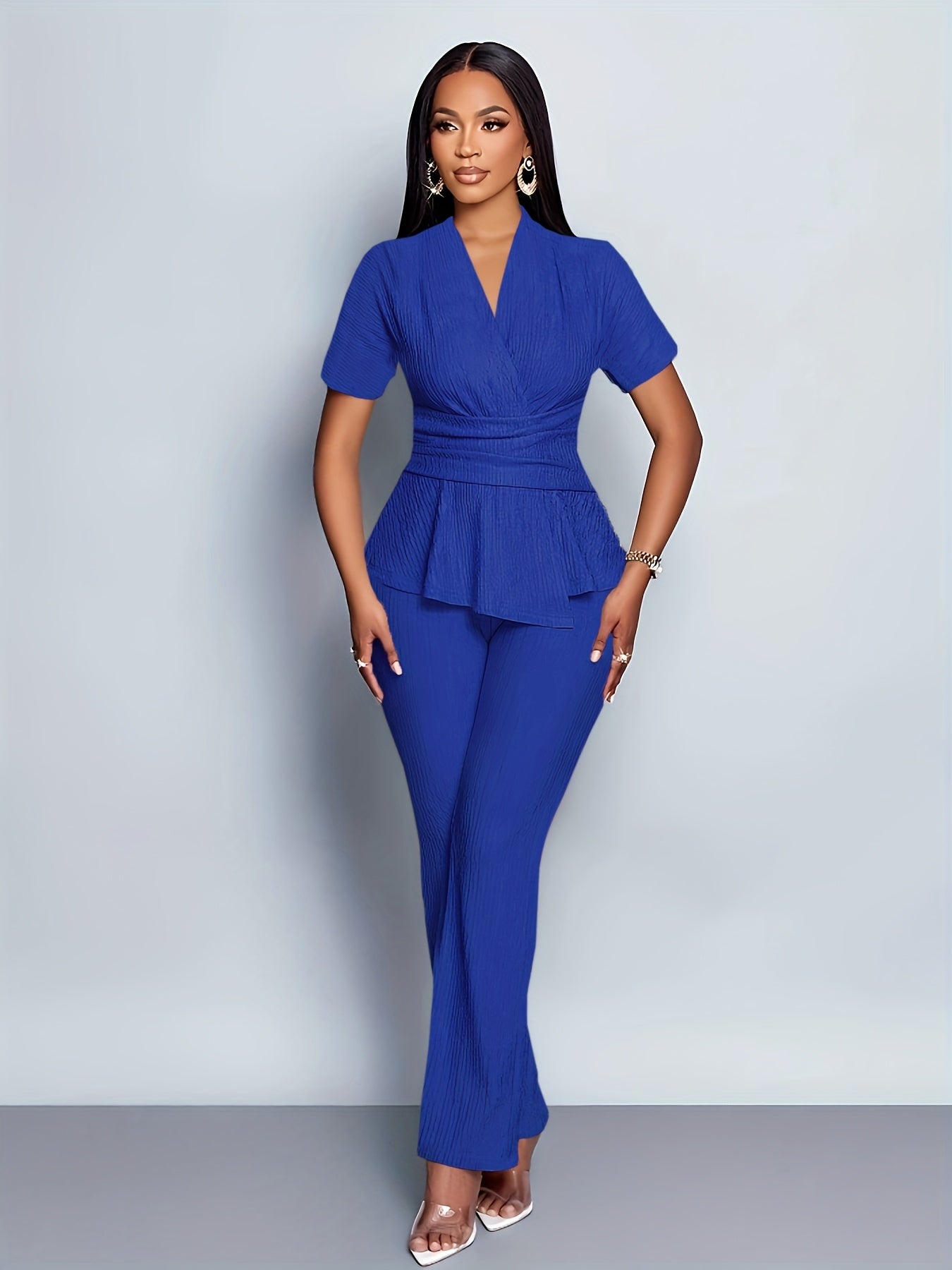 Women's Elegant Casual Solid Color Textured Pants Set