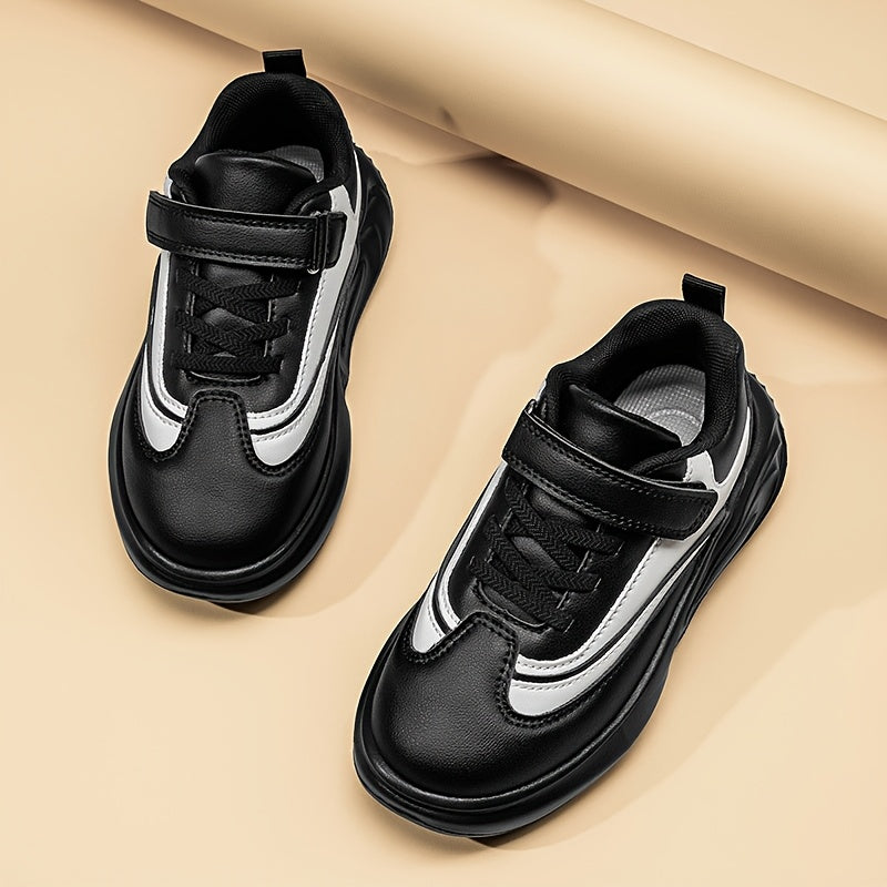 Youngsters' Stylish Athletic Footwear - Comfortable Non-Slip Soft Sole Walking Shoes for Boys & Girls, All-Season, Black & White with Hook and Loop Closure