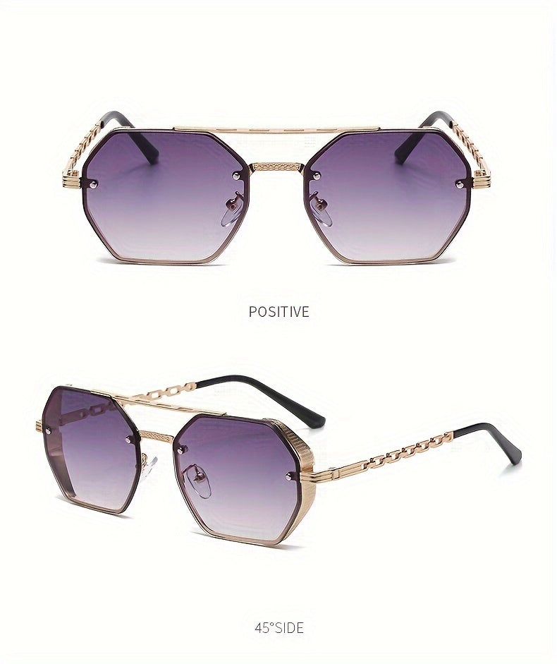 1pc Stylish Polygonal Golden Frame Fashion Glasses with Chain Link Design - Black Metal Fashion Glasses for Fashion-Forward Look