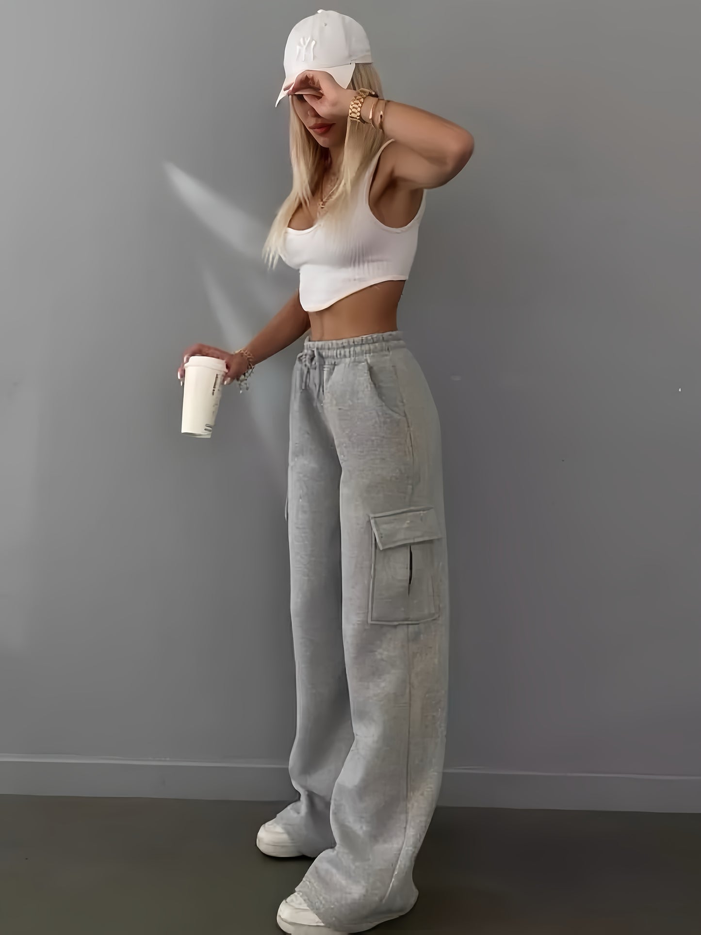 Women's Casual Jogger Pants with Elastic Waist & Side Zipper Pockets - Heather Grey Wide-Leg Lounge Pants, Fold-Over Cuffs, Machine Washable for Spring/Fall, Relaxed Fit Pants | Wideleg Joggers | Soft Fabric Pants