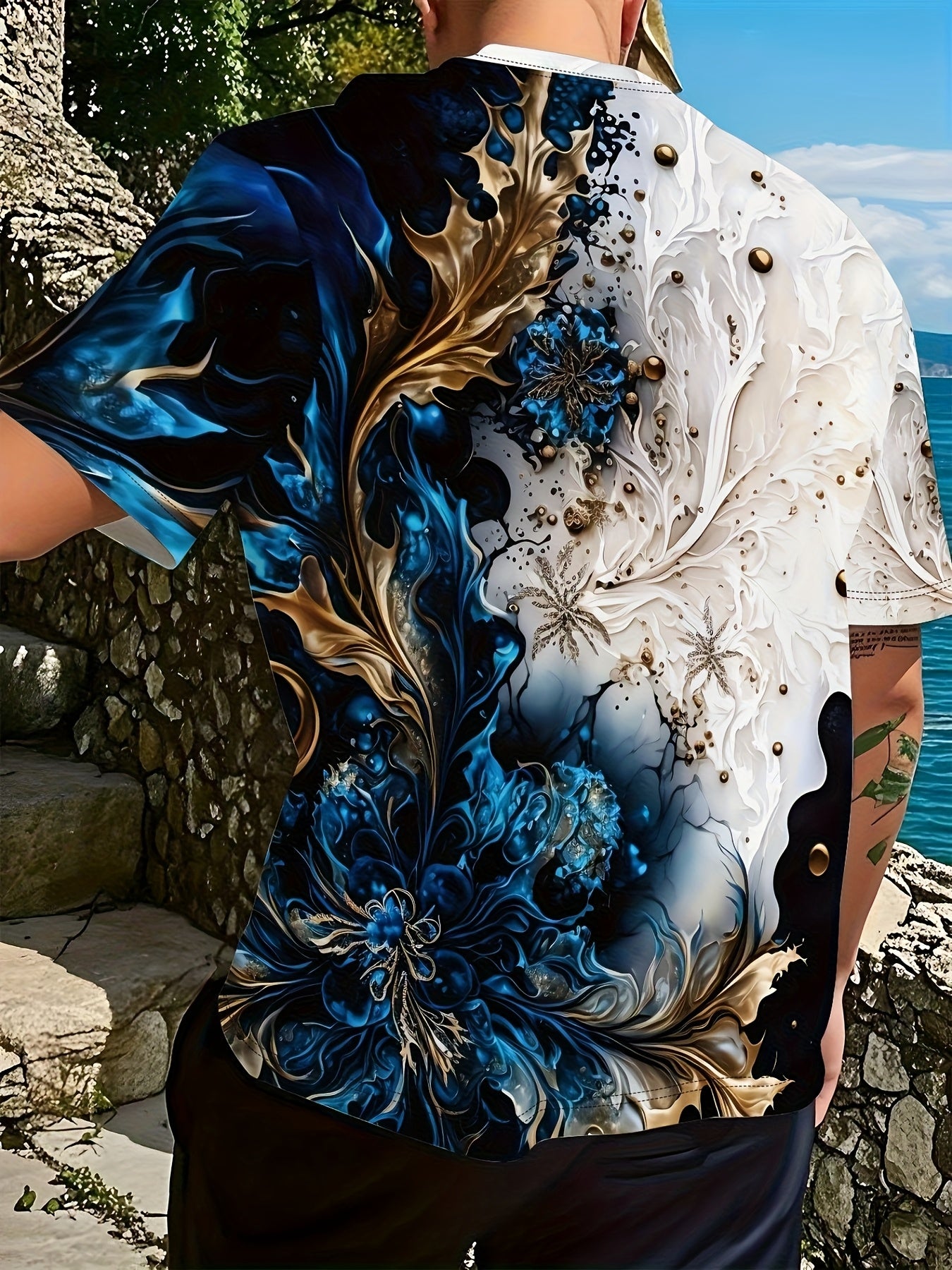 Men's Casual Short Sleeve T-Shirt with Dual-Sided Digital Print - White & Blue/Golden Floral Design, Breathable Round Neck Tee, Machine Washable Regular Fit for Casual Attire, Streetwear Style, Bold Pattern, Lightweight Tee,