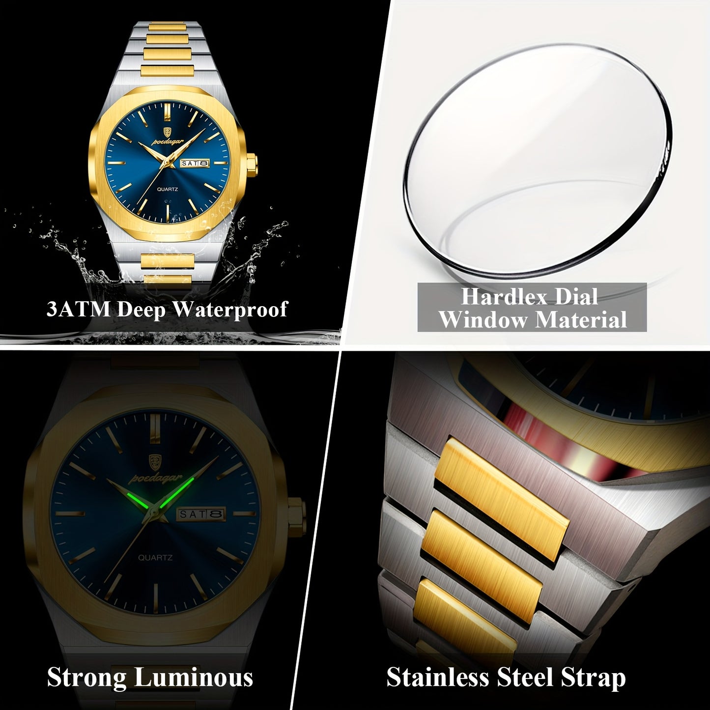 POEDAGAR Men'S Luxury Quartz Watch - Waterproof, Luminous Calendar, Stainless Steel Band, Business Style, Blue & Golden Accents, 3ATM, Non-Rechargeable Button Battery, Perfect for Spring Festival & Valentine'S Day Gifts