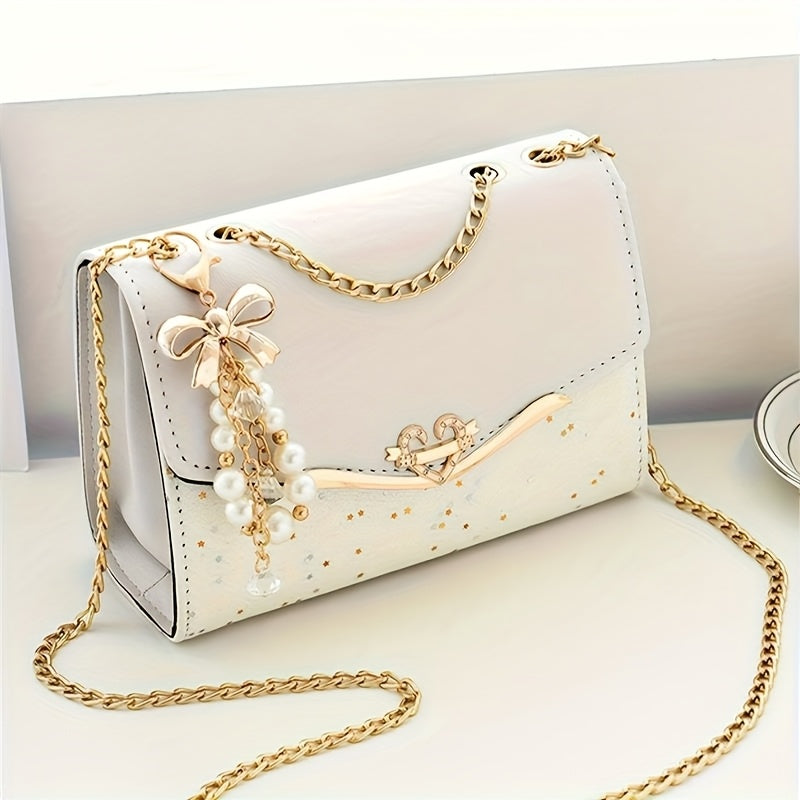 Elegant Bohemian Beige Crossbody Bag with Tassel Charm - Chic Urban Flap Shoulder Bag with Golden Chain Strap, Lightweight & Portable for Shopping, Office, College, Travel - Perfect Gift for Women, Occasion Theme, Valentine'S